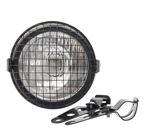 HEADLIGHT CLEAR CAFE RACER VINTAGE STYLE WITH GRILLE AND MOUNTING BRACKET
