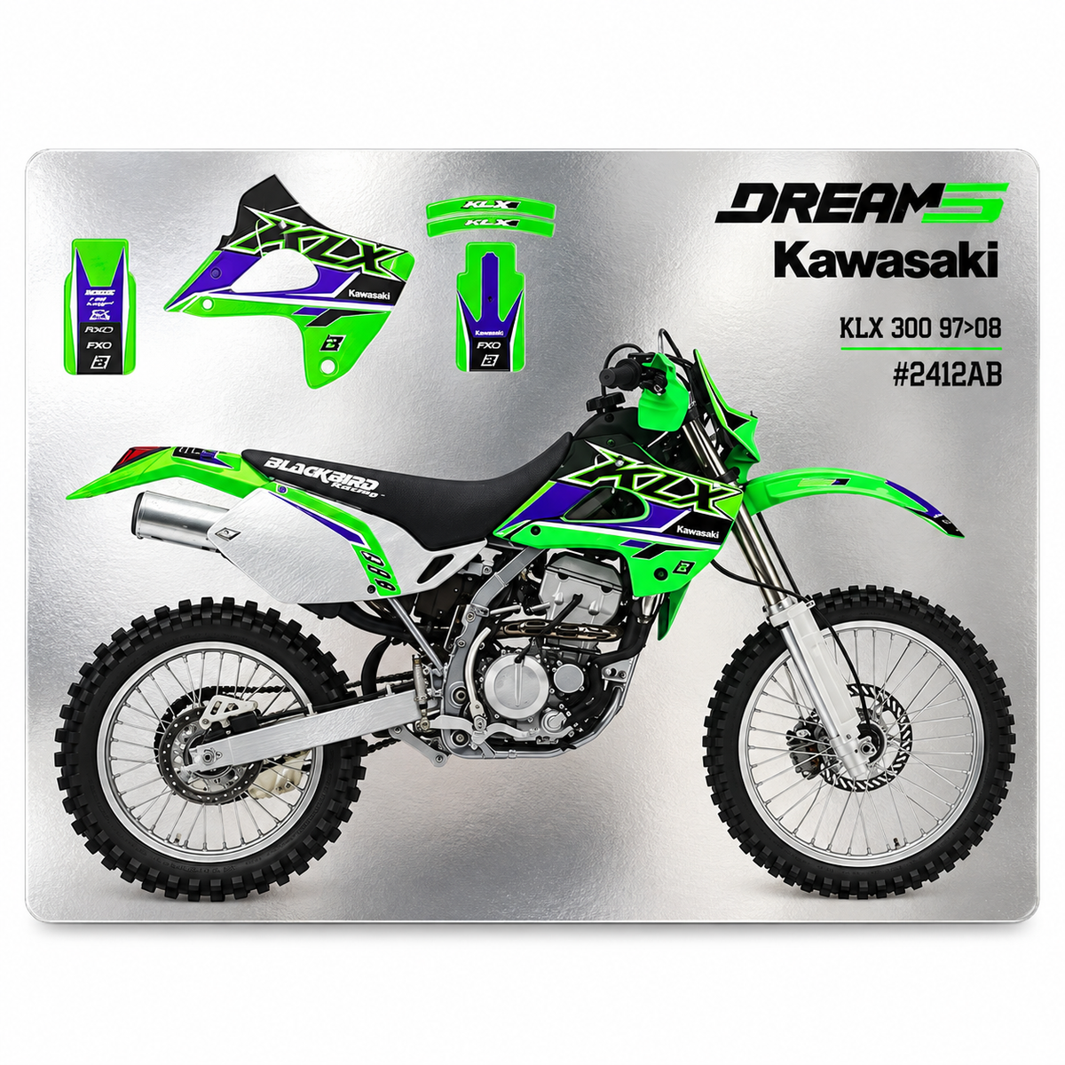 97-08 KLX300 DREAM 5 CHROME EFX GRAPHICS, BLACKBIRD 2412ABCRO