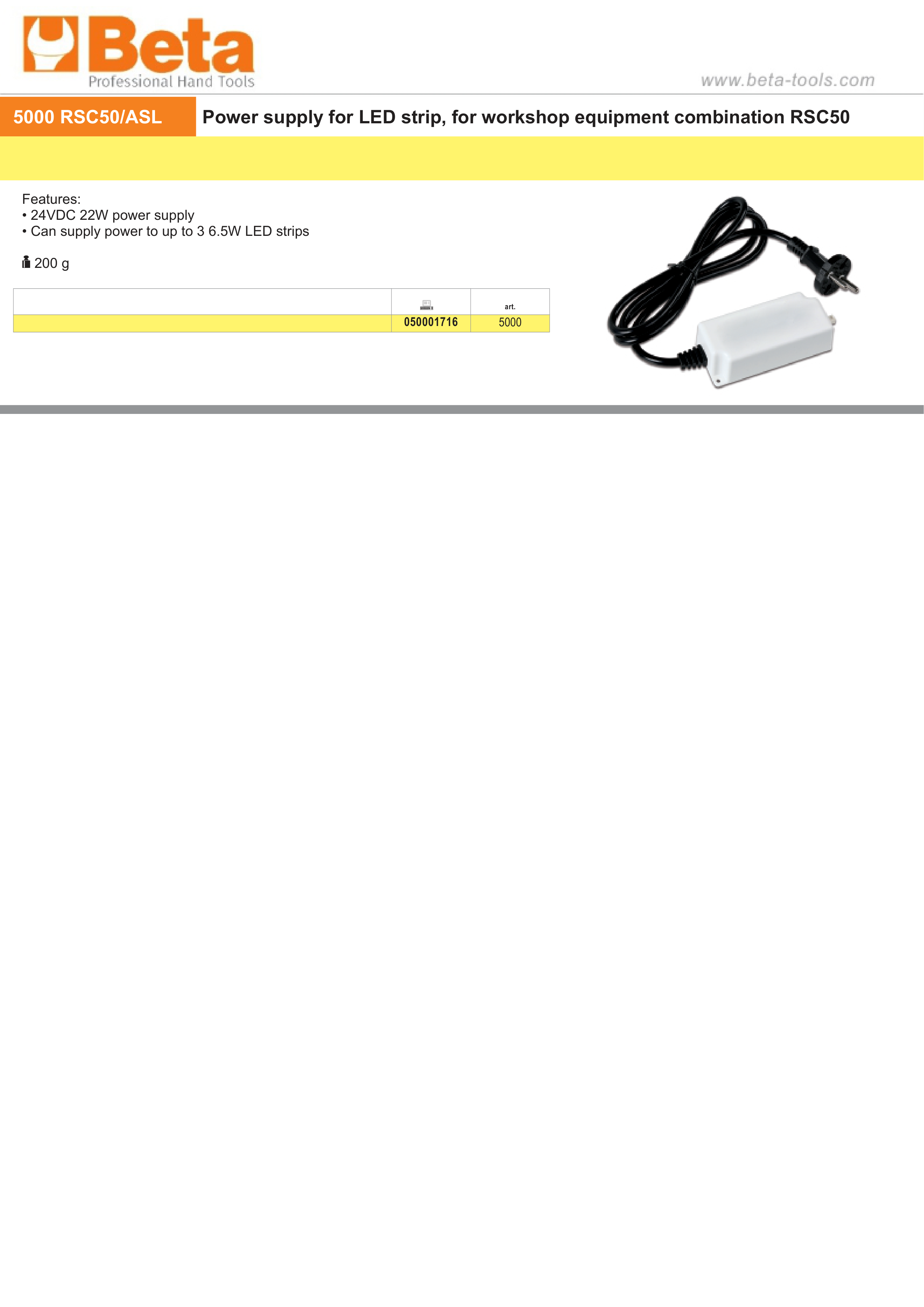 Power Supply for LED Strip RSC50, 24VDC 22W, Supports Up to 3 LED Strips - BetaRSC50 5000 RSC50/ASL