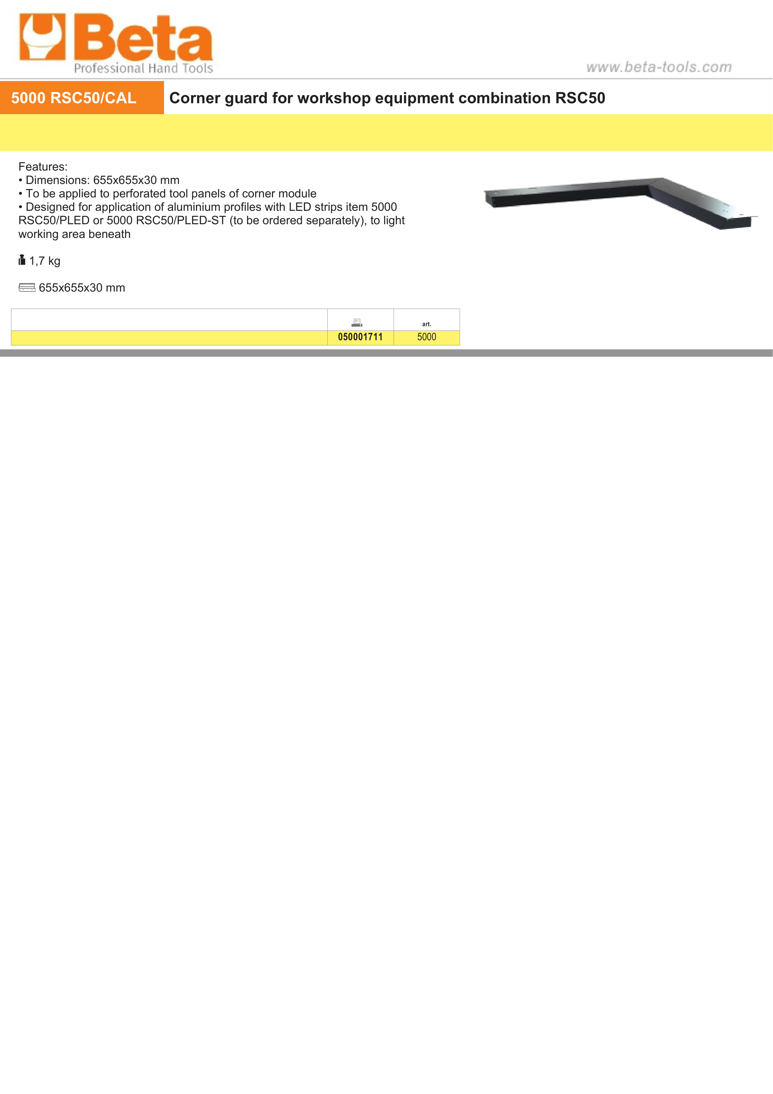 Corner Guard for RSC50, 655x655x30mm, Compatible with LED Strip Profiles (Sold Separately) - BetaRSC50 5000 RSC50/CAL
