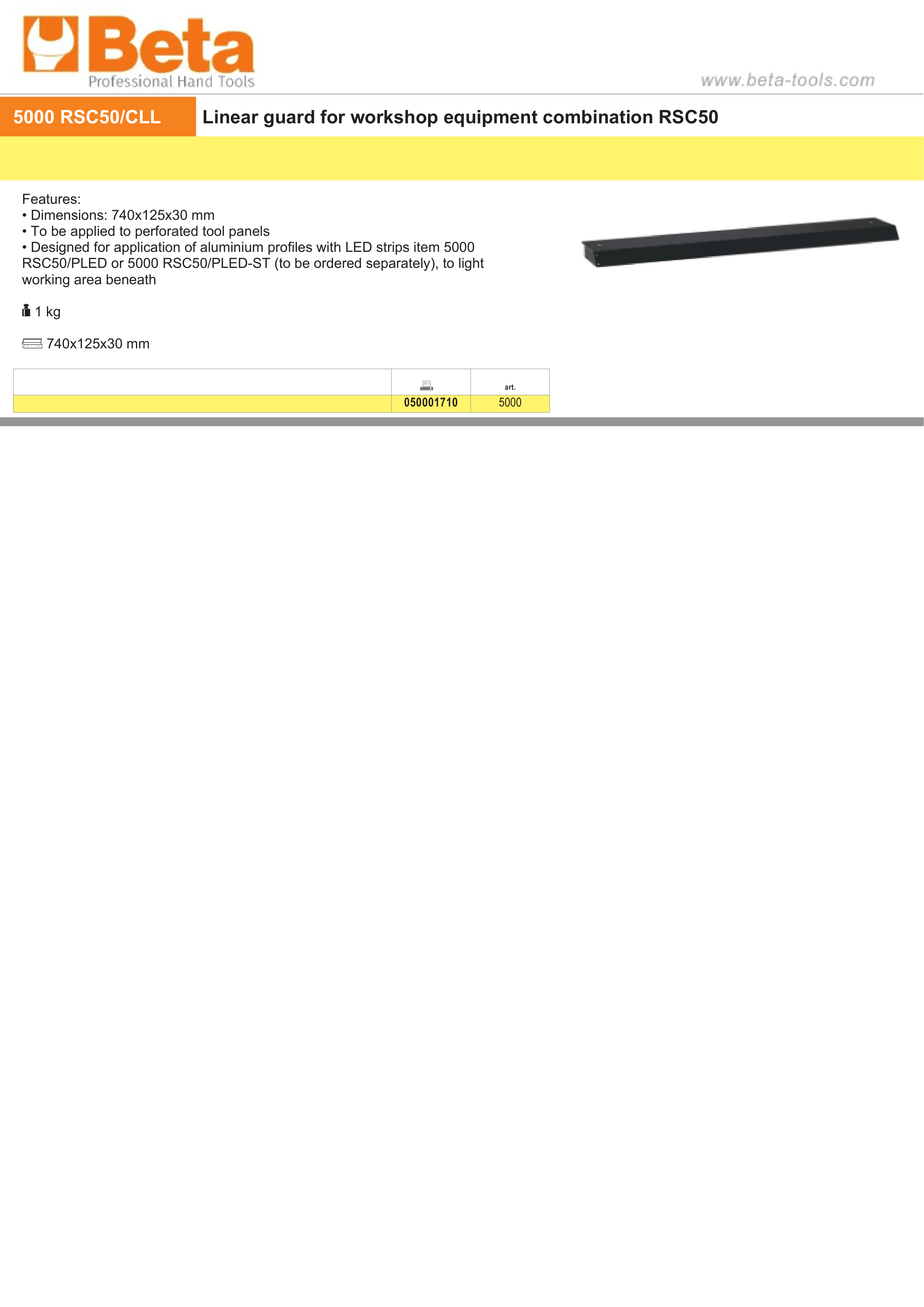 Linear Guard for RSC50, 740x125x30mm, Compatible with LED Strip Profiles (Sold Separately) - BetaRSC50 5000 RSC50/CLL