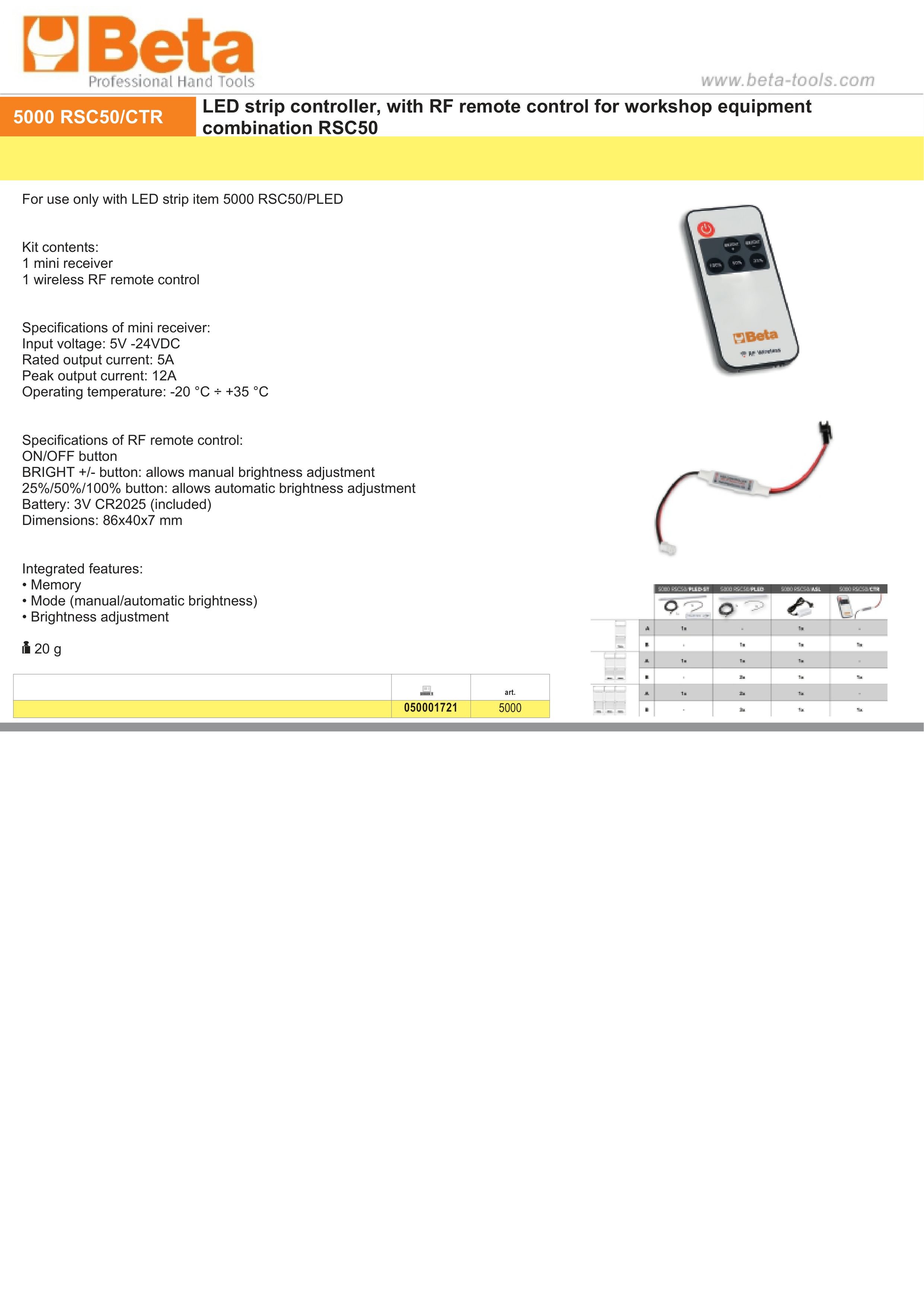 LED STRIP CONTROLLER RF REMOTE BETA 5V-24VDC 5A MINI RECEIVER 5000 RSC50 CTR