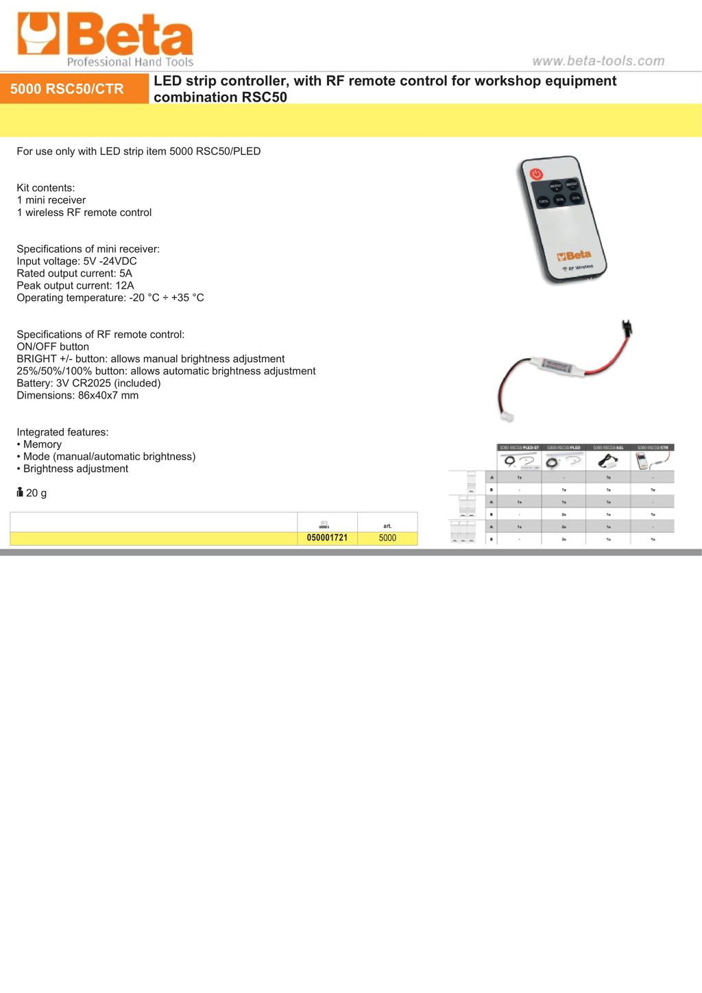 LED STRIP CONTROLLER RF REMOTE BETA 5V-24VDC 5A MINI RECEIVER 5000 RSC50 CTR