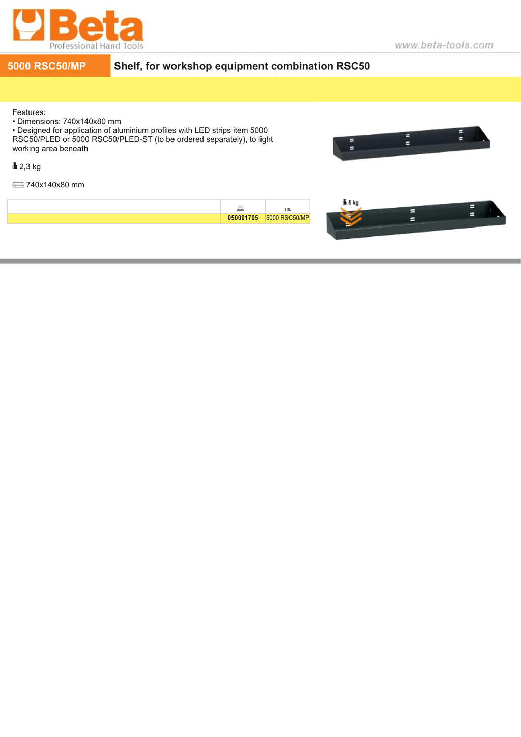 Shelf for RSC50, 740x140x80mm, Compatible with LED Strip Profiles (Sold Separately) - BetaRSC50 5000 RSC50/MP