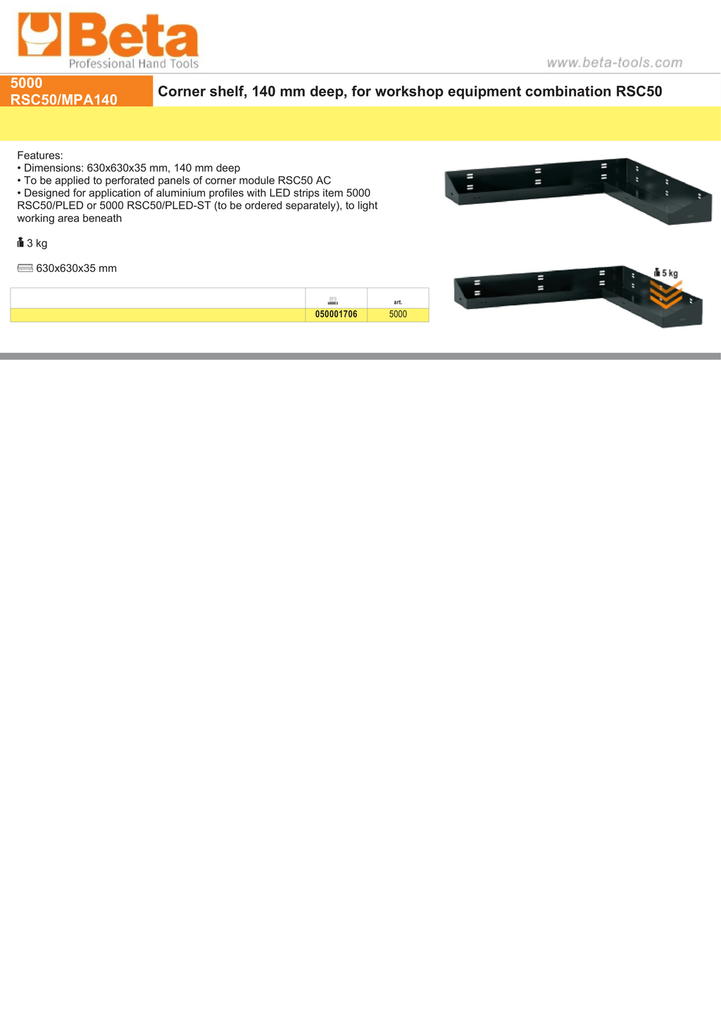 Corner Shelf for RSC50, 630x630x35mm, 140mm Deep, Compatible with LED Strip Profiles (Sold Separately) - BetaRSC50 5000 RSC50/MPA140