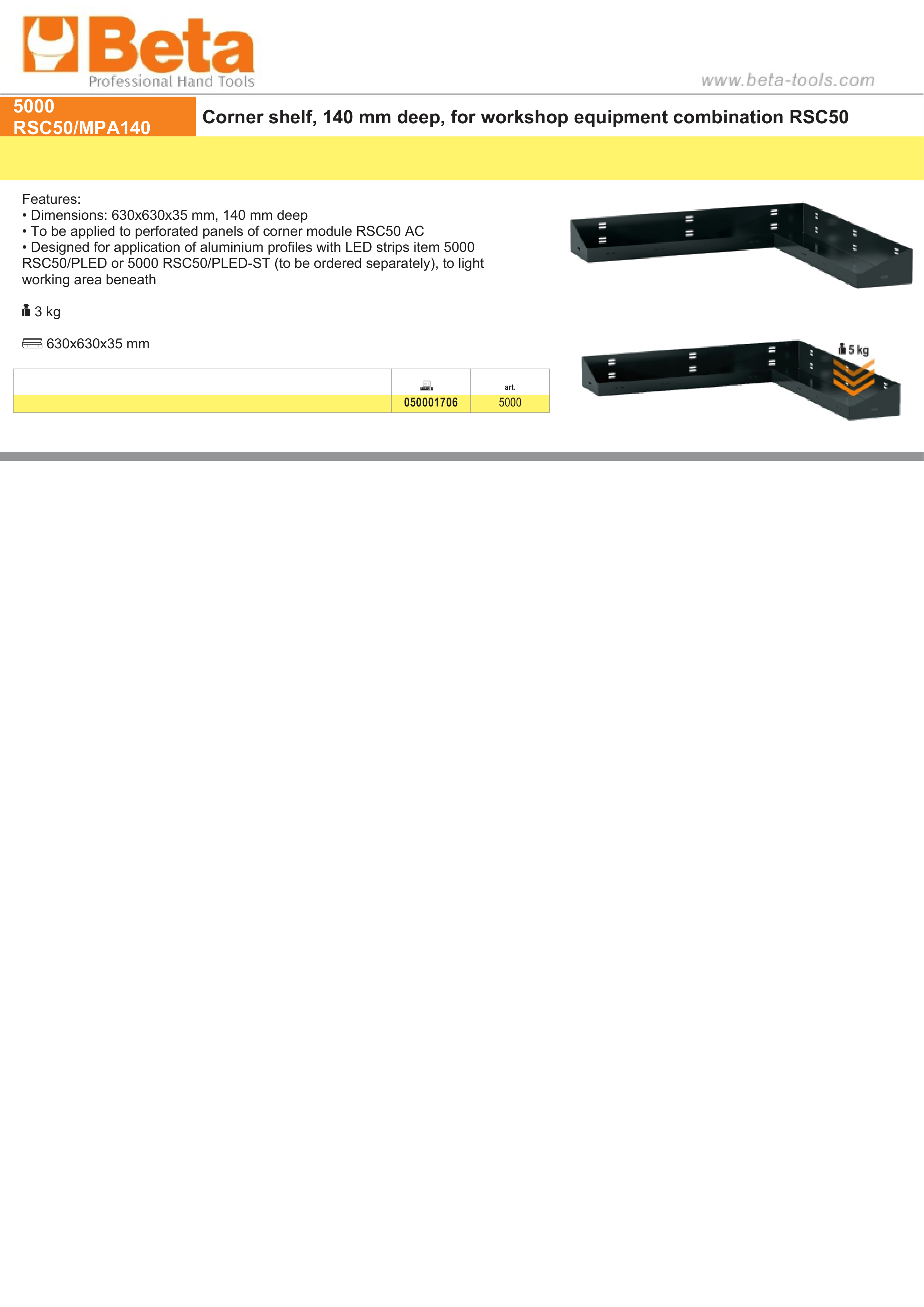 Corner Shelf for RSC50, 630x630x35mm, 140mm Deep, Compatible with LED Strip Profiles (Sold Separately) - BetaRSC50 5000 RSC50/MPA140