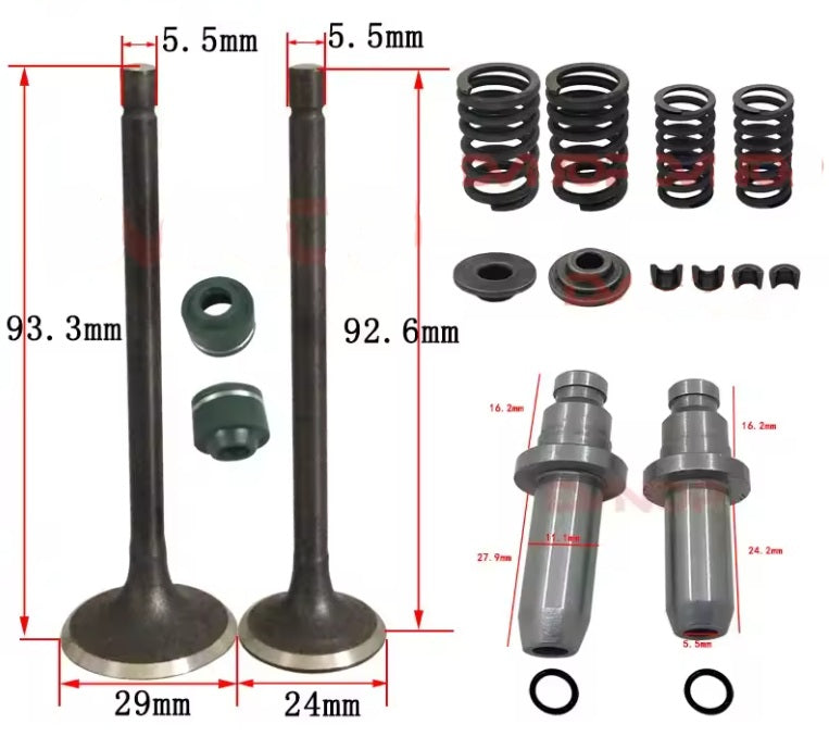 VALVE REBUILD KIT 16pcs, HONDA CG125 EXHAUST 29mm & INTAKE 24mm VALVES GUIEDS SPRINGS CLIPS SEALS