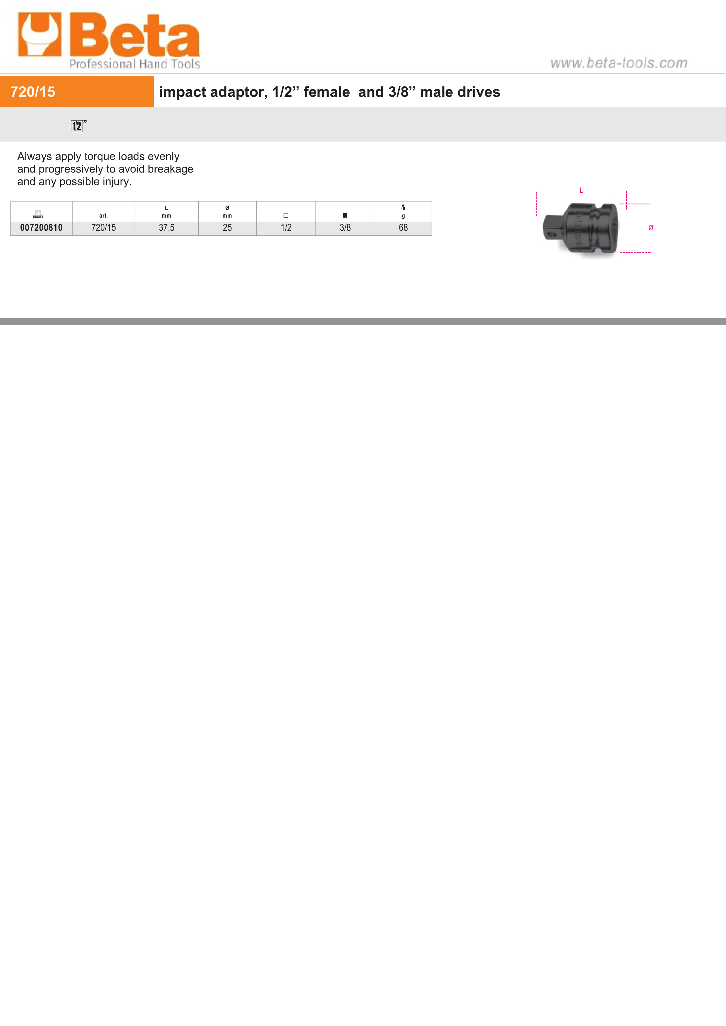 Impact Adaptor, 1/2 Female to 3/8 Male Drives, 37.5mm Length - Beta Tools 720/15