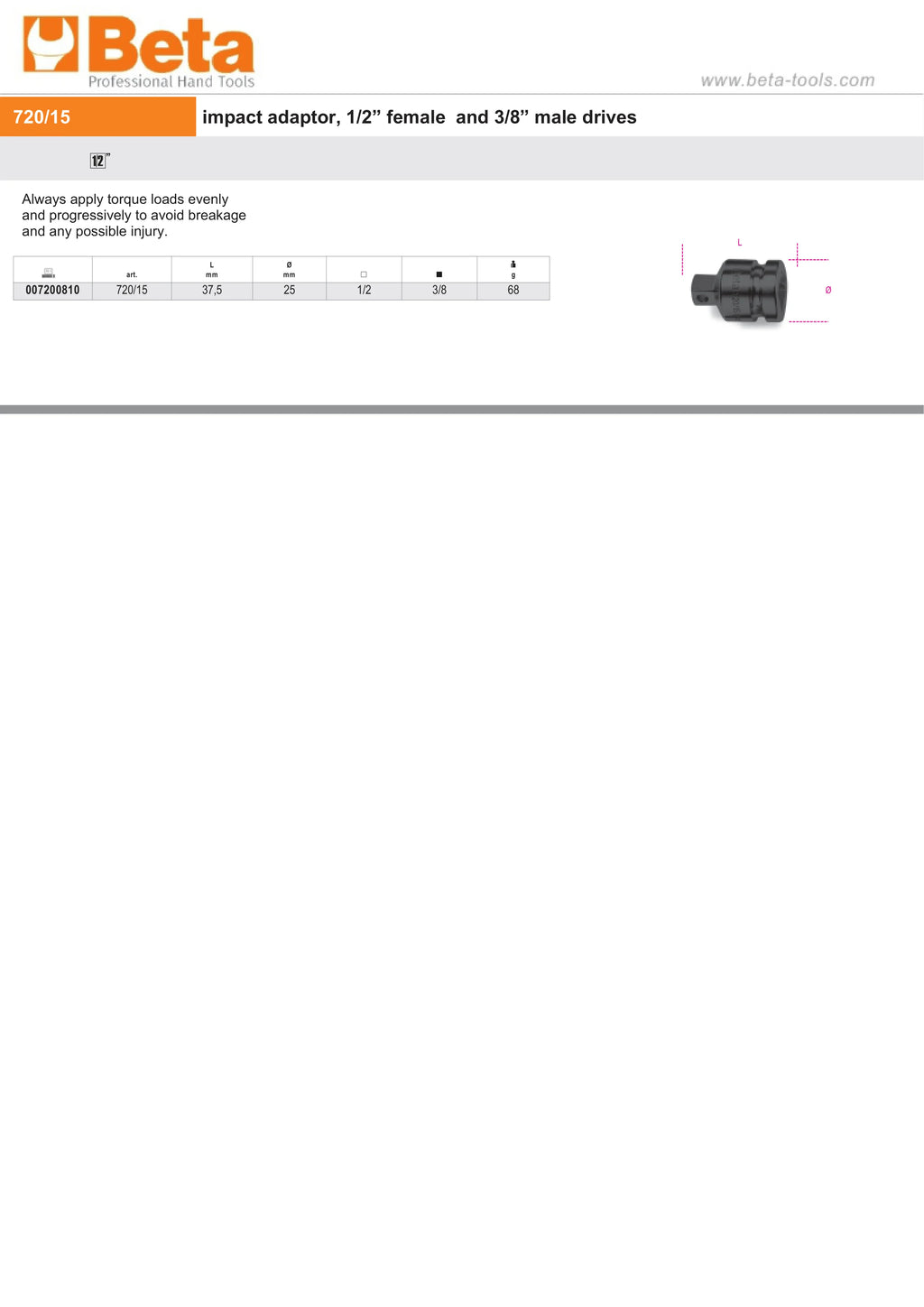 Impact Adaptor, 1/2 Female to 3/8 Male Drives, 37.5mm Length - Beta Tools 720/15