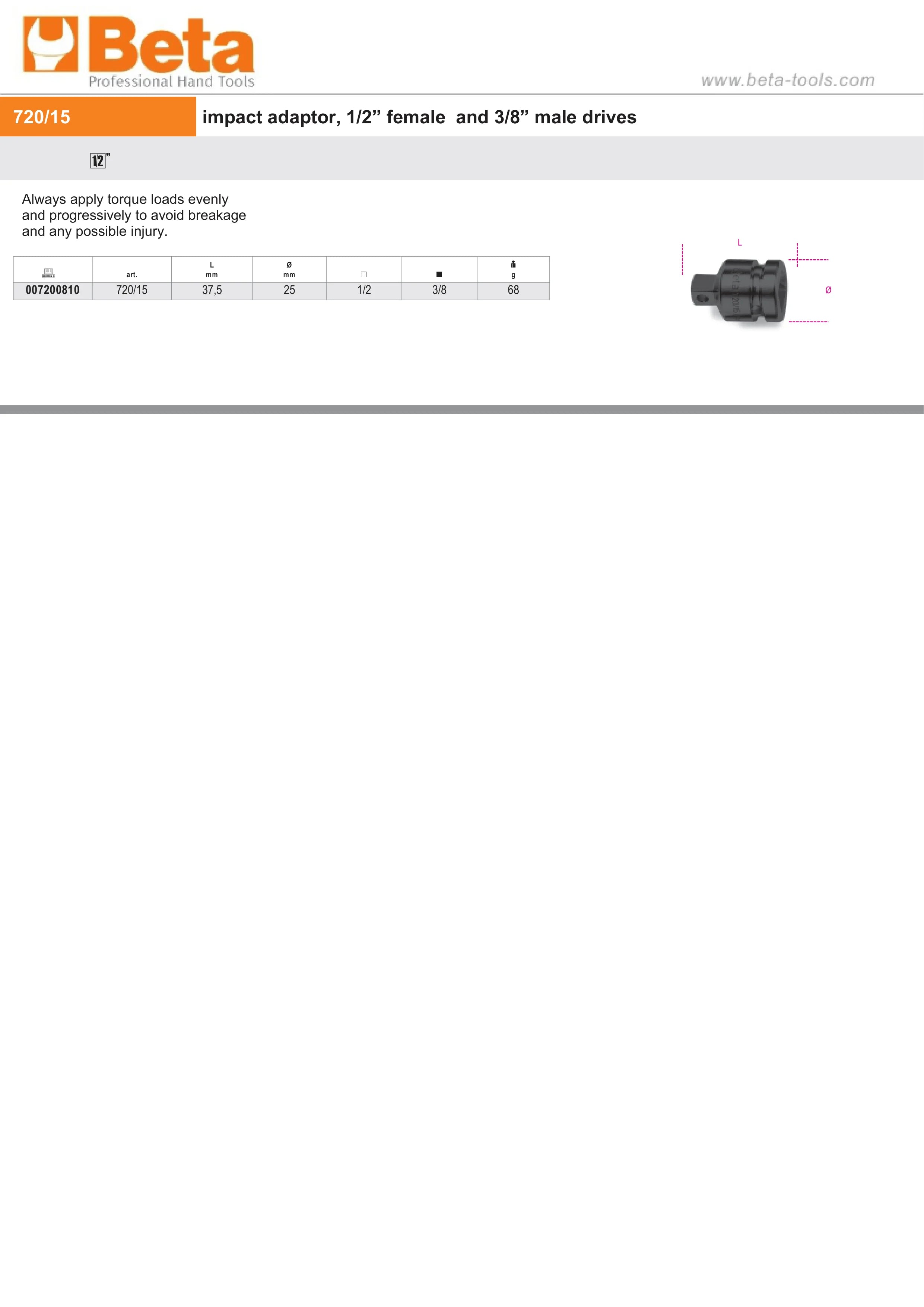 Impact Adaptor, 1/2 Female to 3/8 Male Drives, 37.5mm Length - Beta Tools 720/15