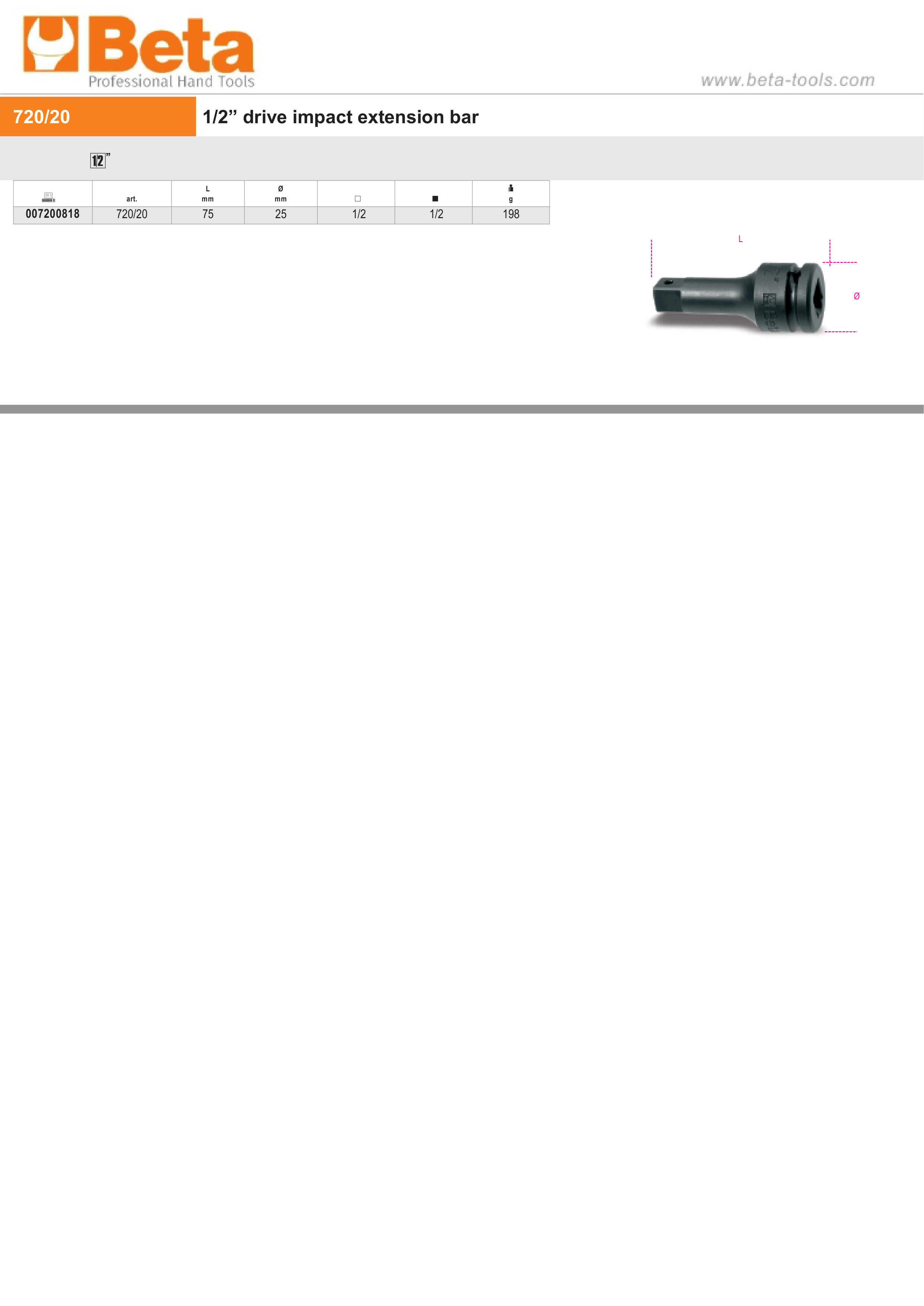 1/2 Drive Impact Extension Bar, 75mm Length - Beta Tools 720/20