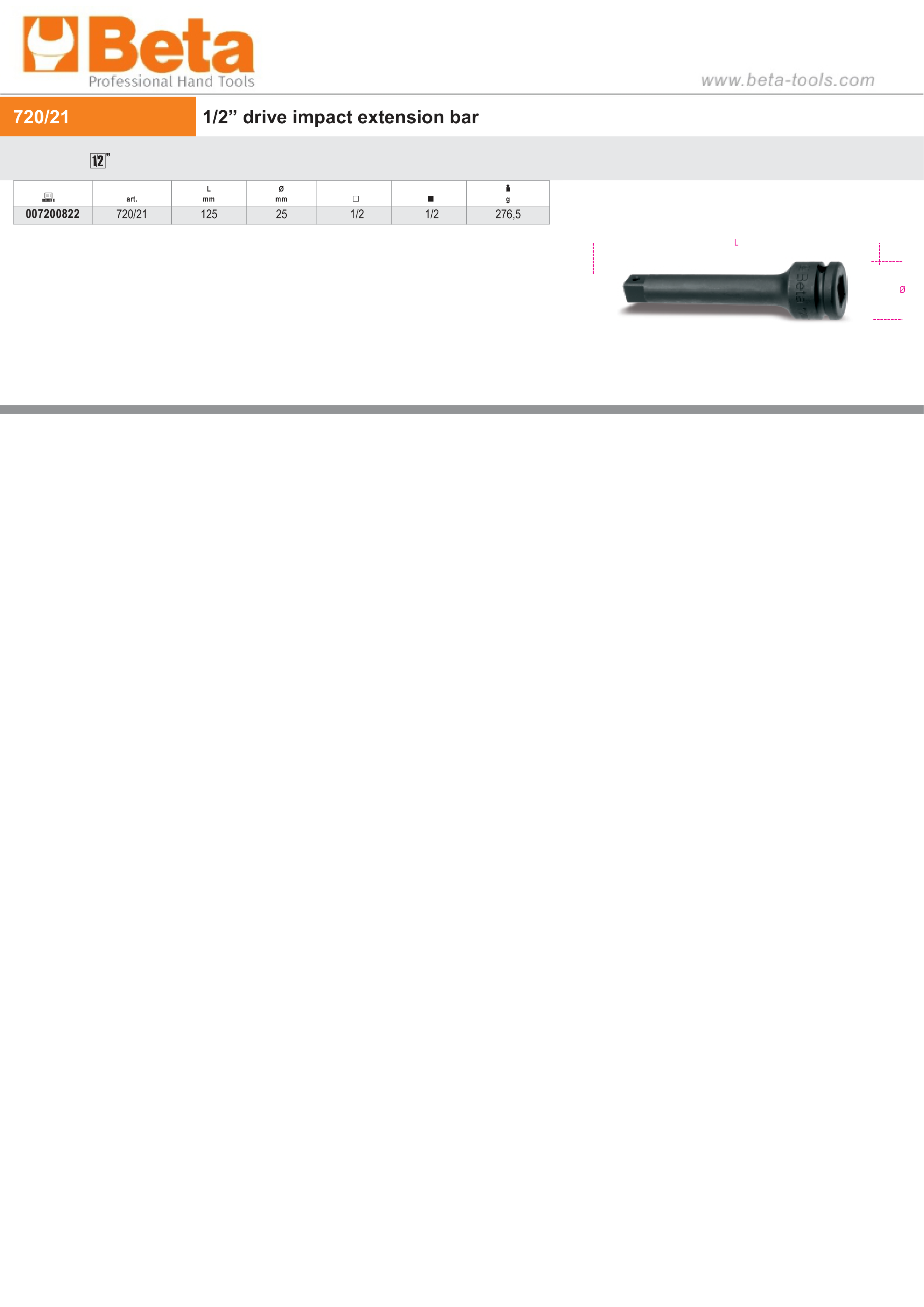 1/2 Drive Impact Extension Bar, 125mm Length - Beta Tools 720/21