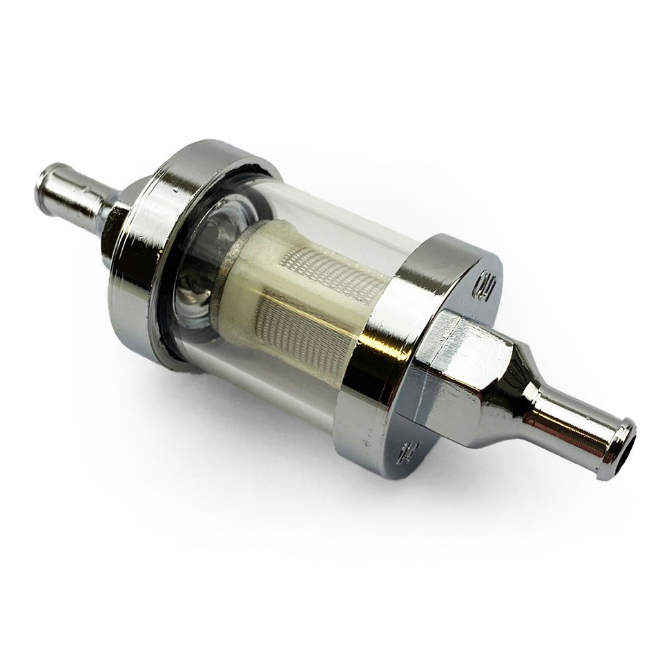 LARGE IN-LINE FUEL FILTER 6mm 1/4 WASHABLE GLASS CHROME ENDS