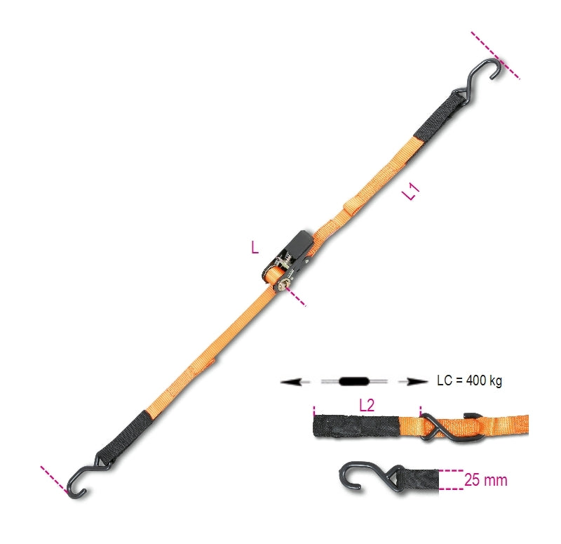 Ratchet Tie Downs with S-Hooks and Eyes 400kg High-Tenacity Polyester 3m - Robur 8188CG25 3
