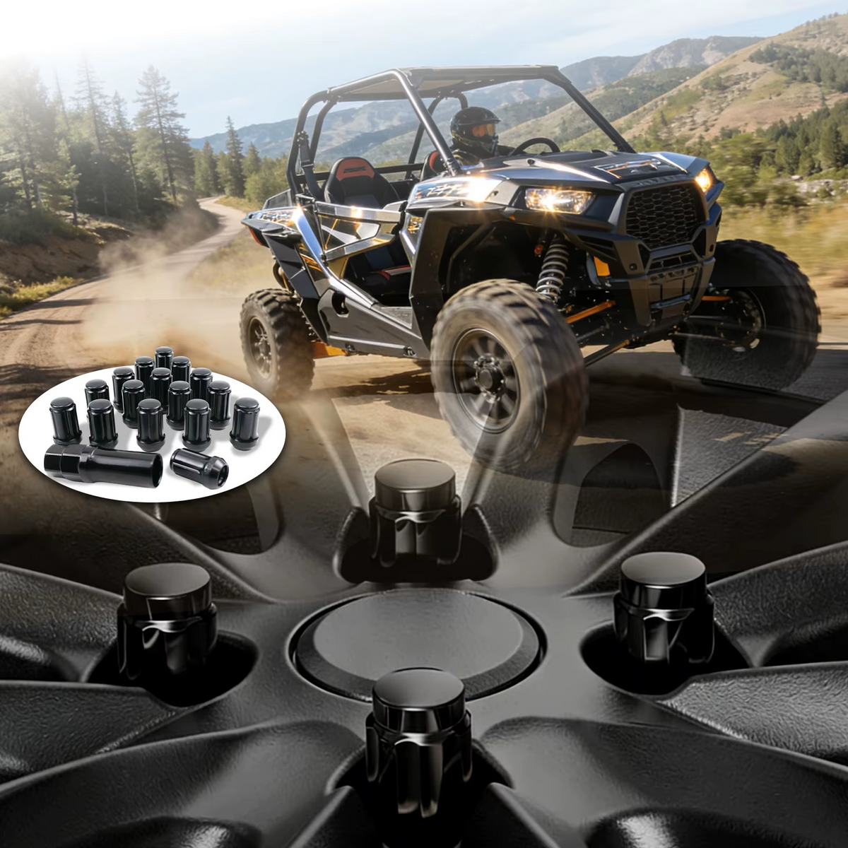 16PCS LUG NUT M12x1.5 SPLINED / BEVELED BLACK WITH SOCKET POLARIS RZR, HONDA PIONEER