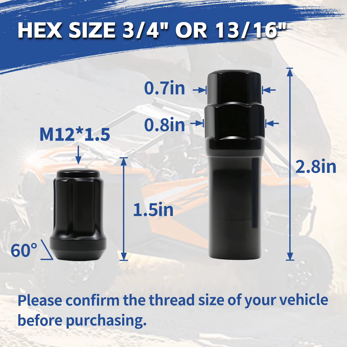 16PCS LUG NUT M12x1.5 SPLINED / BEVELED BLACK WITH SOCKET POLARIS RZR, HONDA PIONEER