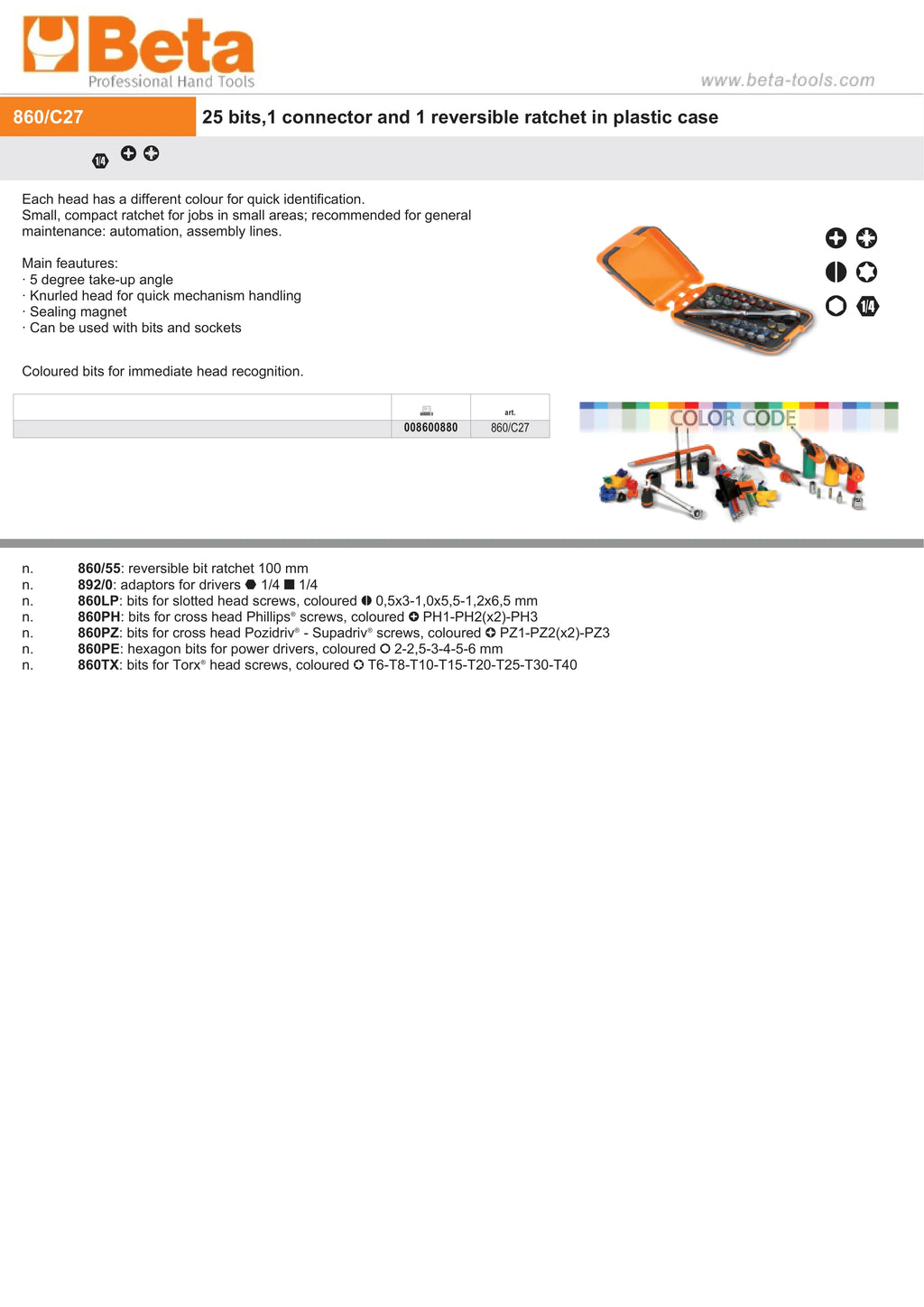 25 Bits, 1 Connector, Reversible Ratchet in Plastic Case - Beta Tools 860/C27