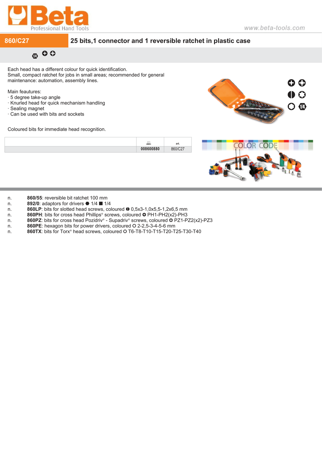 25 Bits, 1 Connector, Reversible Ratchet in Plastic Case - Beta Tools 860/C27