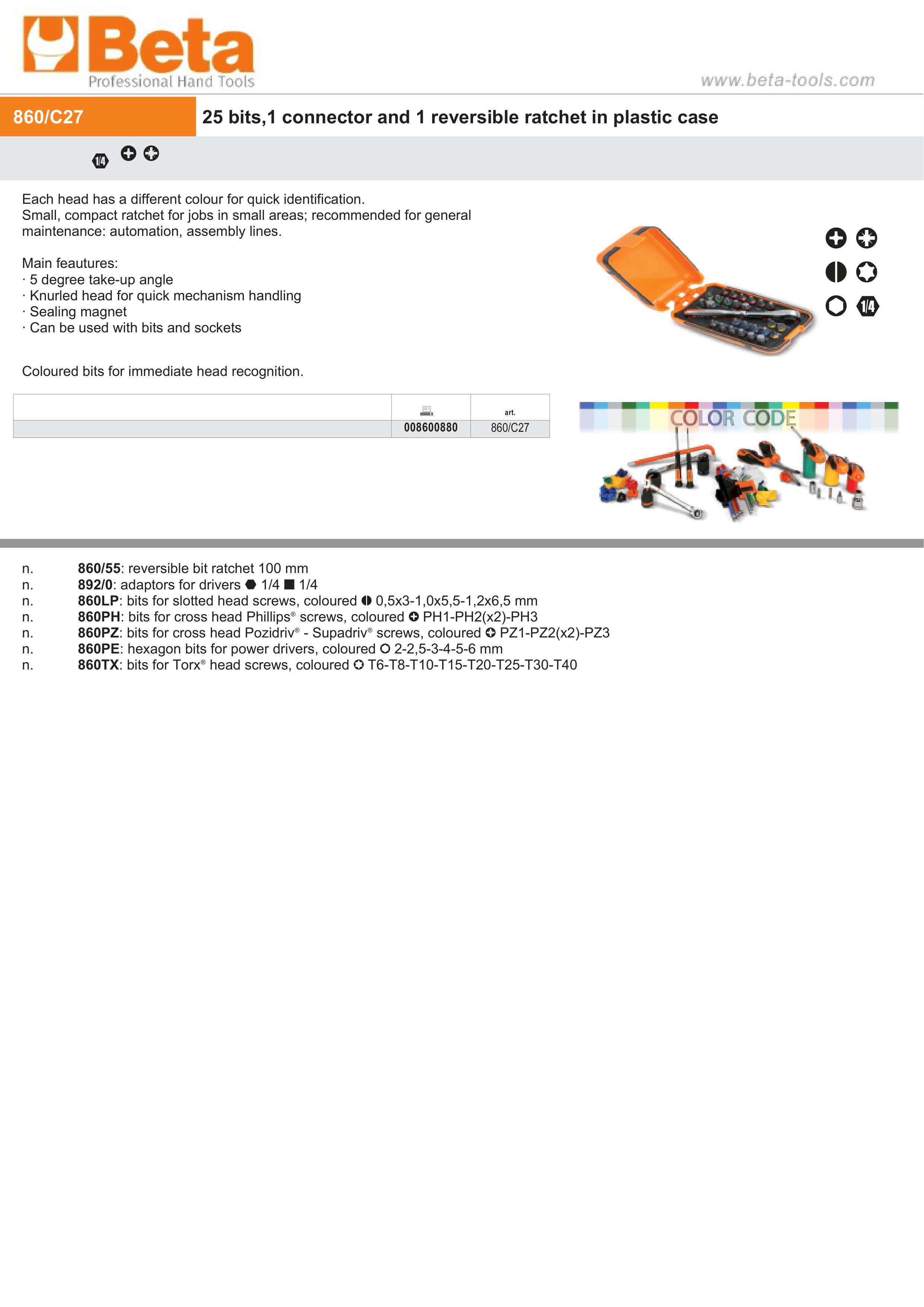 25 Bits, 1 Connector, Reversible Ratchet in Plastic Case - Beta Tools 860/C27