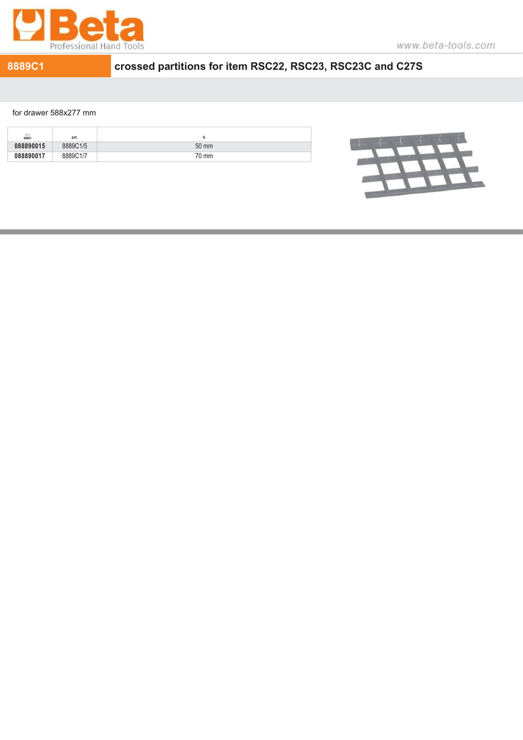 Crossed Partitions for RSC22, RSC23, RSC23C, C27S Drawers 588x277mm 50mm Height - Beta Tools 8889C1/5