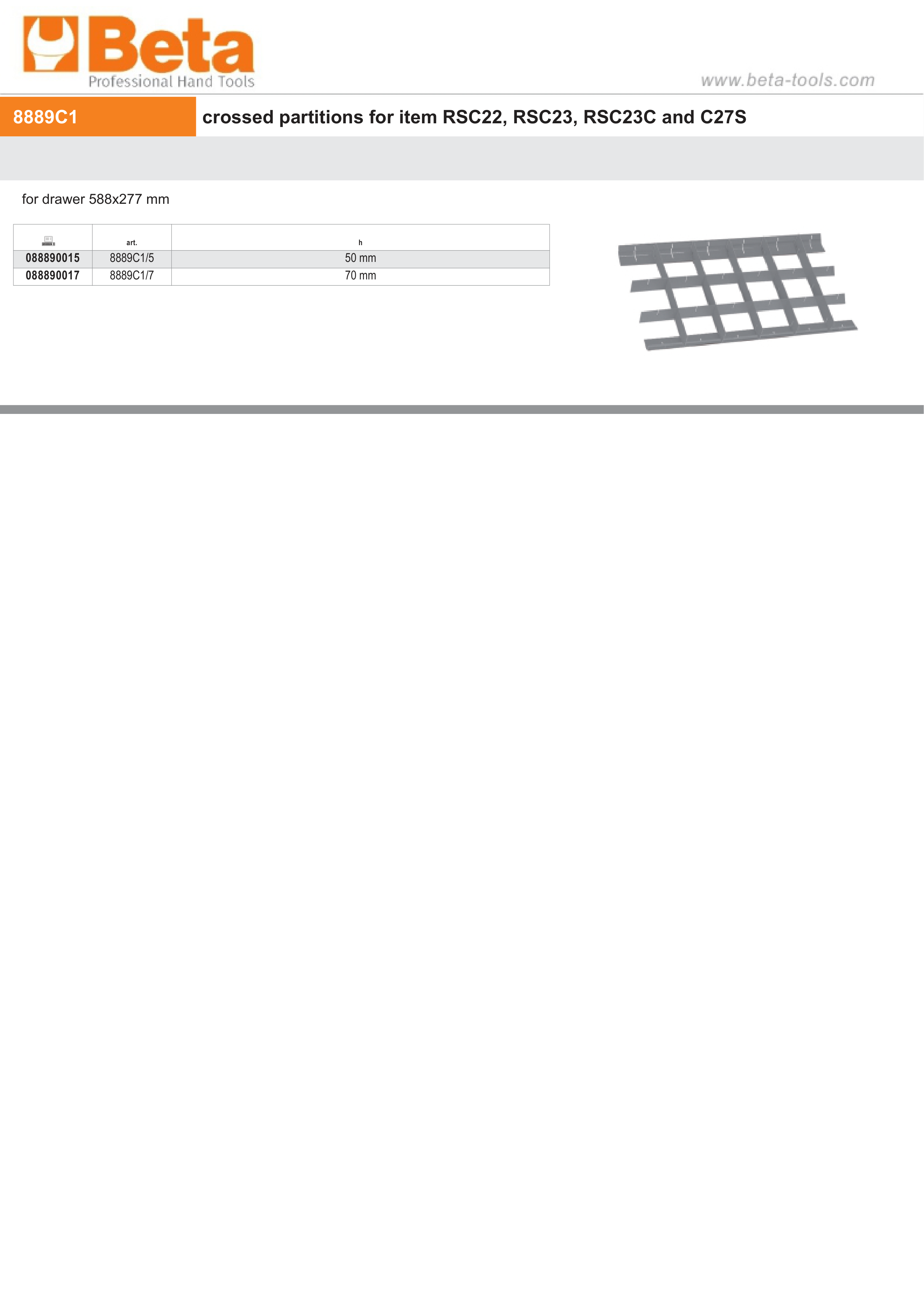 Crossed Partitions for RSC22, RSC23, RSC23C, C27S Drawers 588x277mm 50mm Height - Beta Tools 8889C1/5