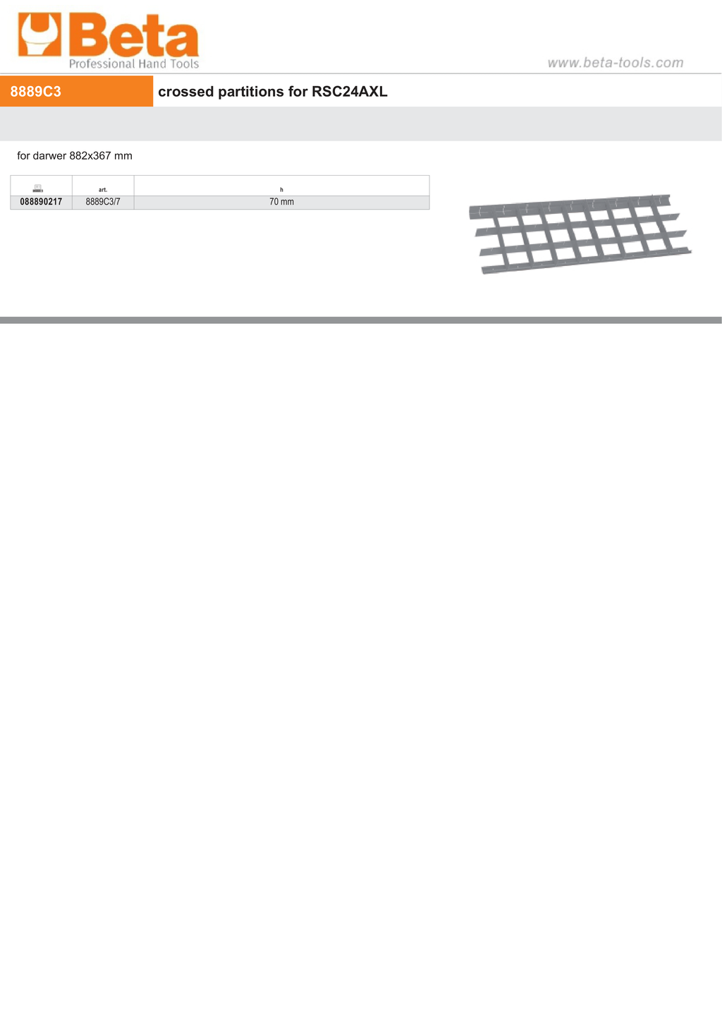 Crossed Partitions for RSC24AXL Drawer 882x367mm 70mm Height - Beta Tools 8889C3/7