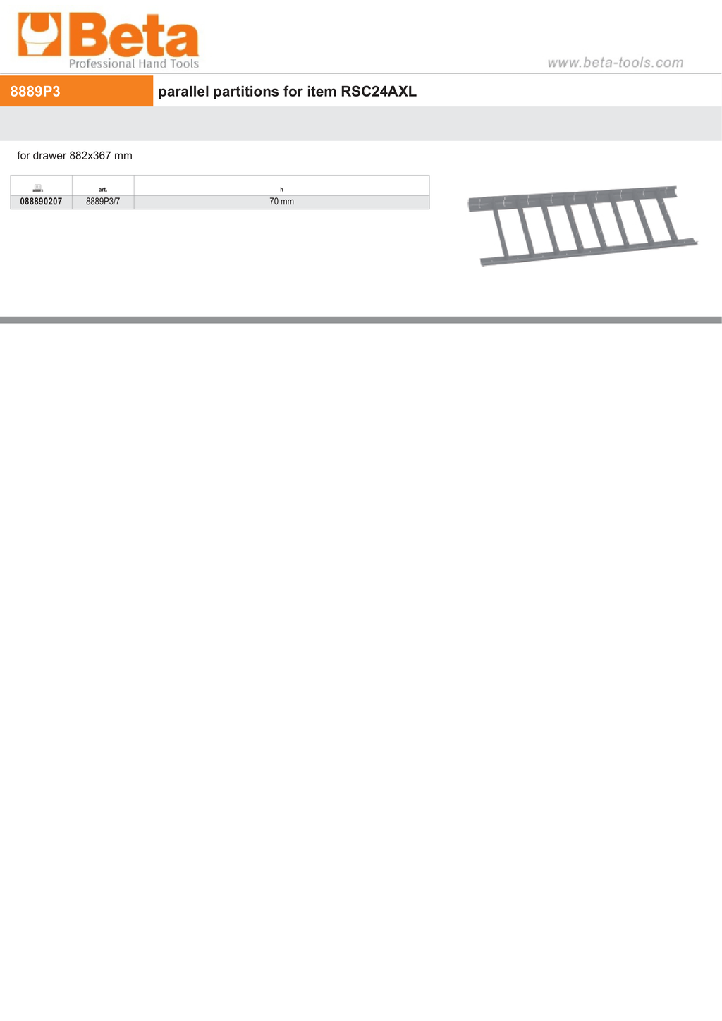 Parallel Partitions for RSC24AXL Drawer 882x367mm 70mm Height - Beta Tools 8889P3/7