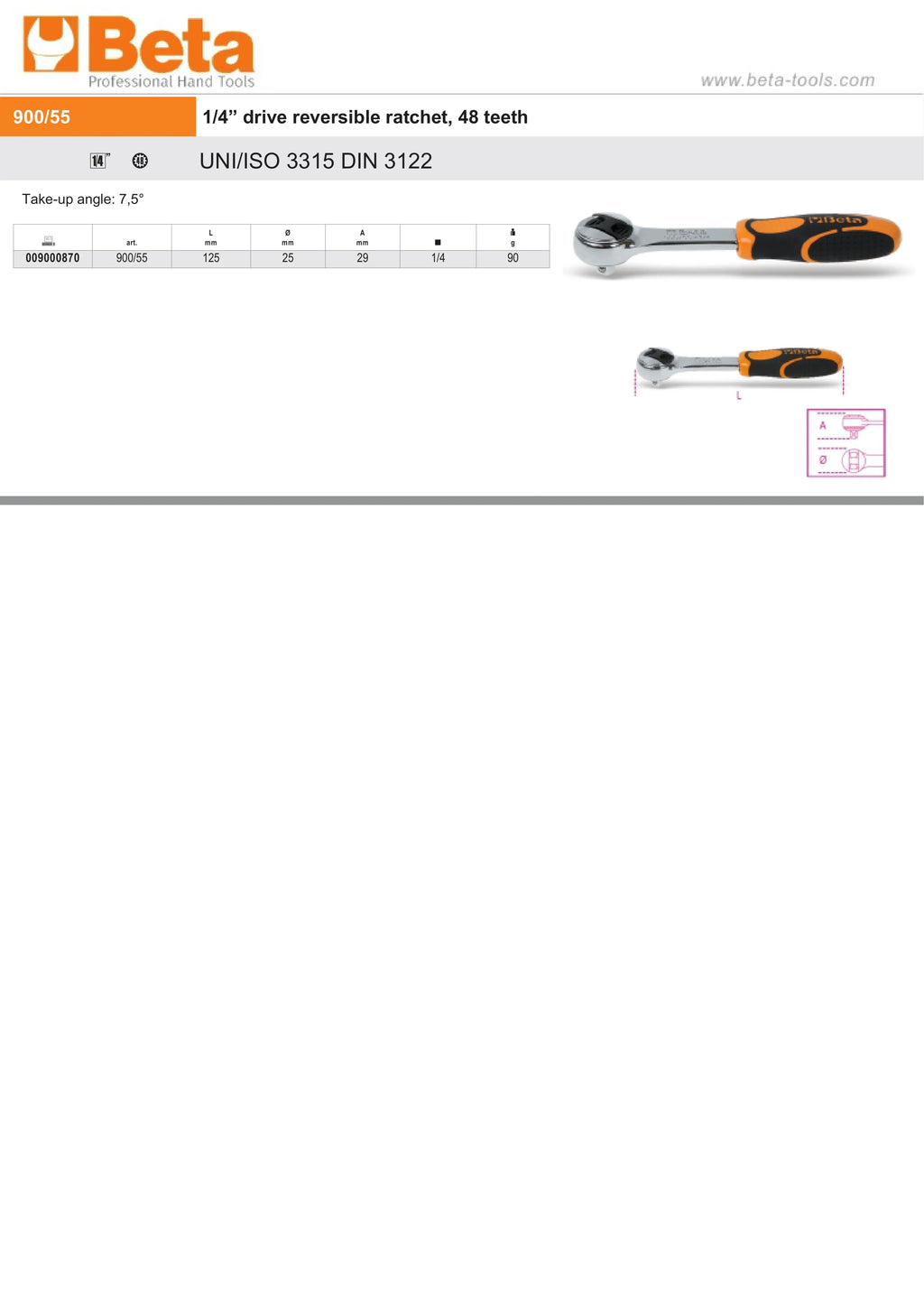Reversible Ratchet, 1/4 Drive, 48 Teeth, 125mm Length - Beta Tools 900/55
