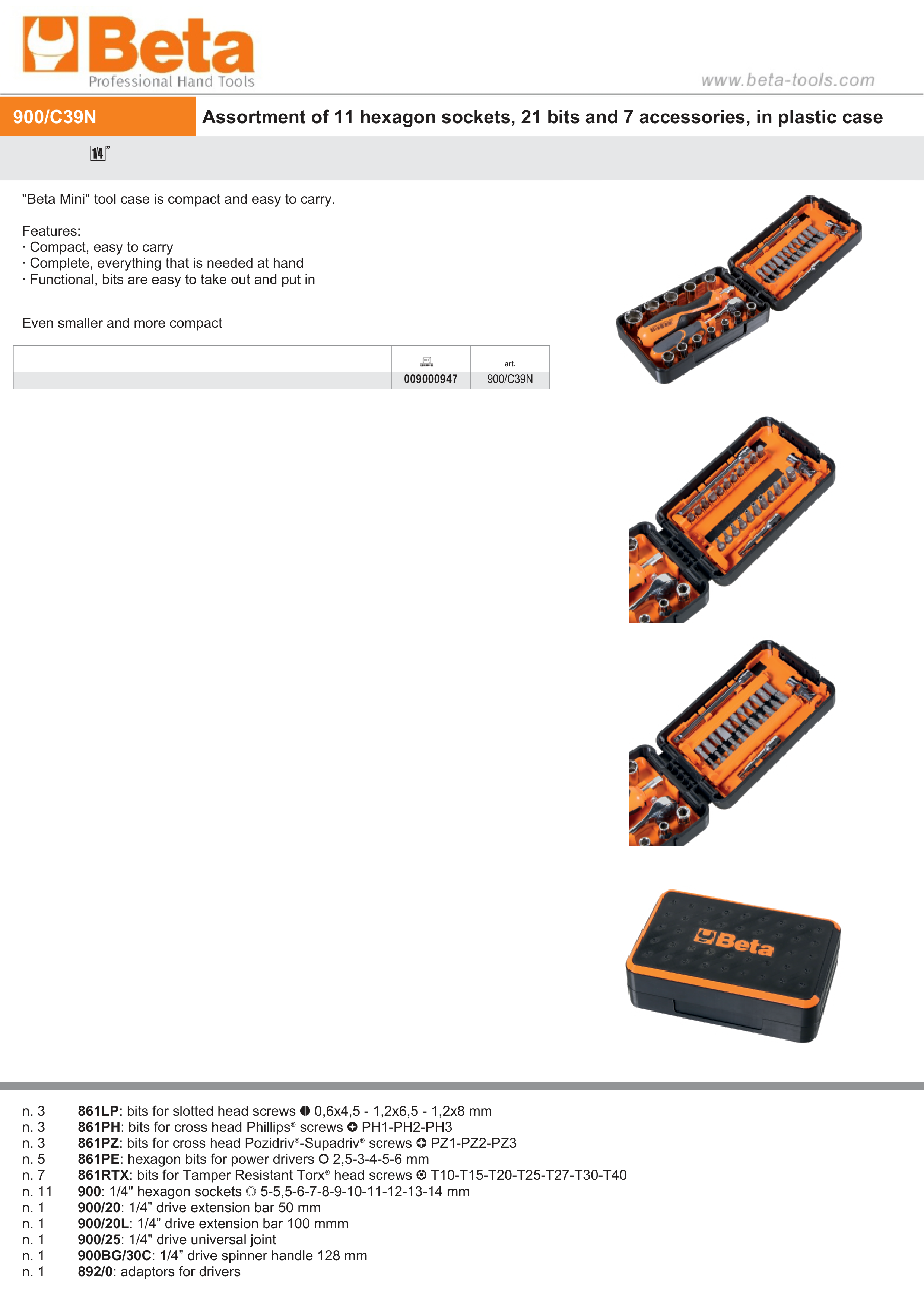 Compact Tool Case with 11 Hexagon Sockets, 21 Bits, 7 Accessories - Beta Tools 900/C39N