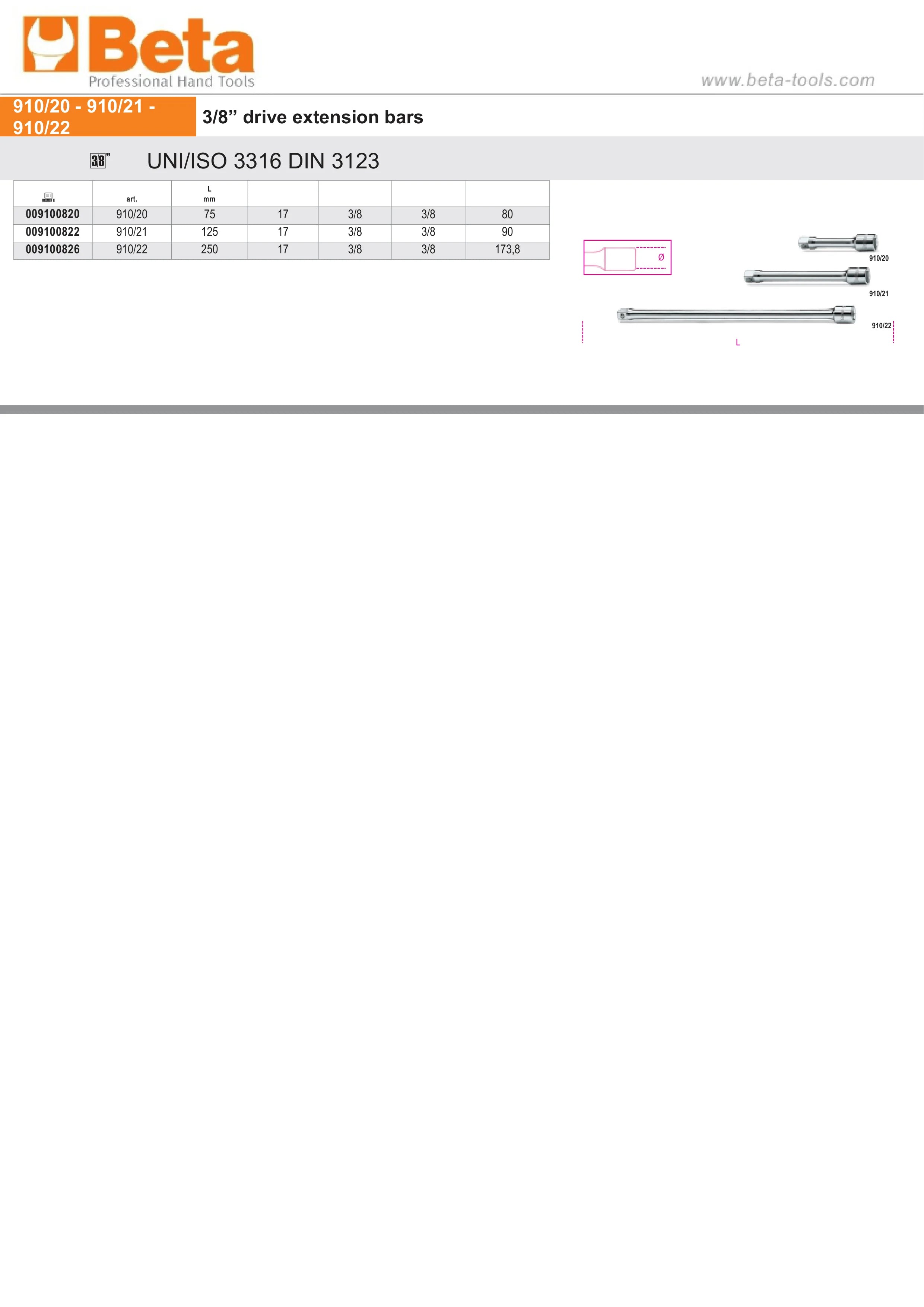3/8 Drive Extension Bar 250mm - Beta Tools 910/22