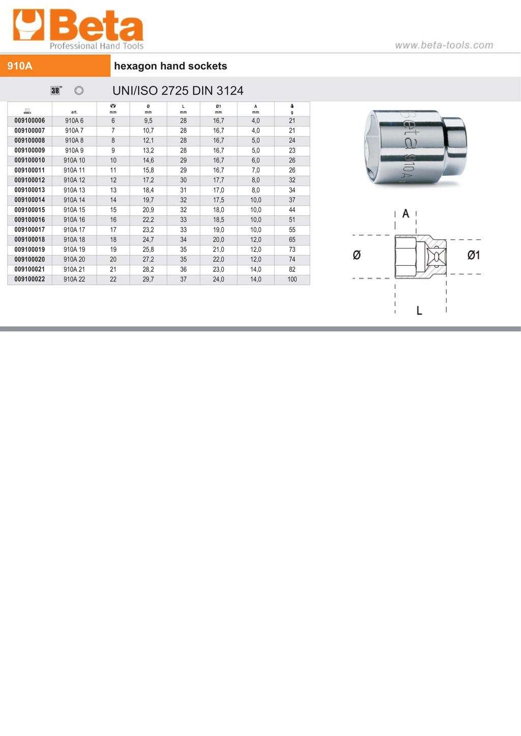 Hexagon Hand Socket 3/8 16mm - Beta Tools 910A 16