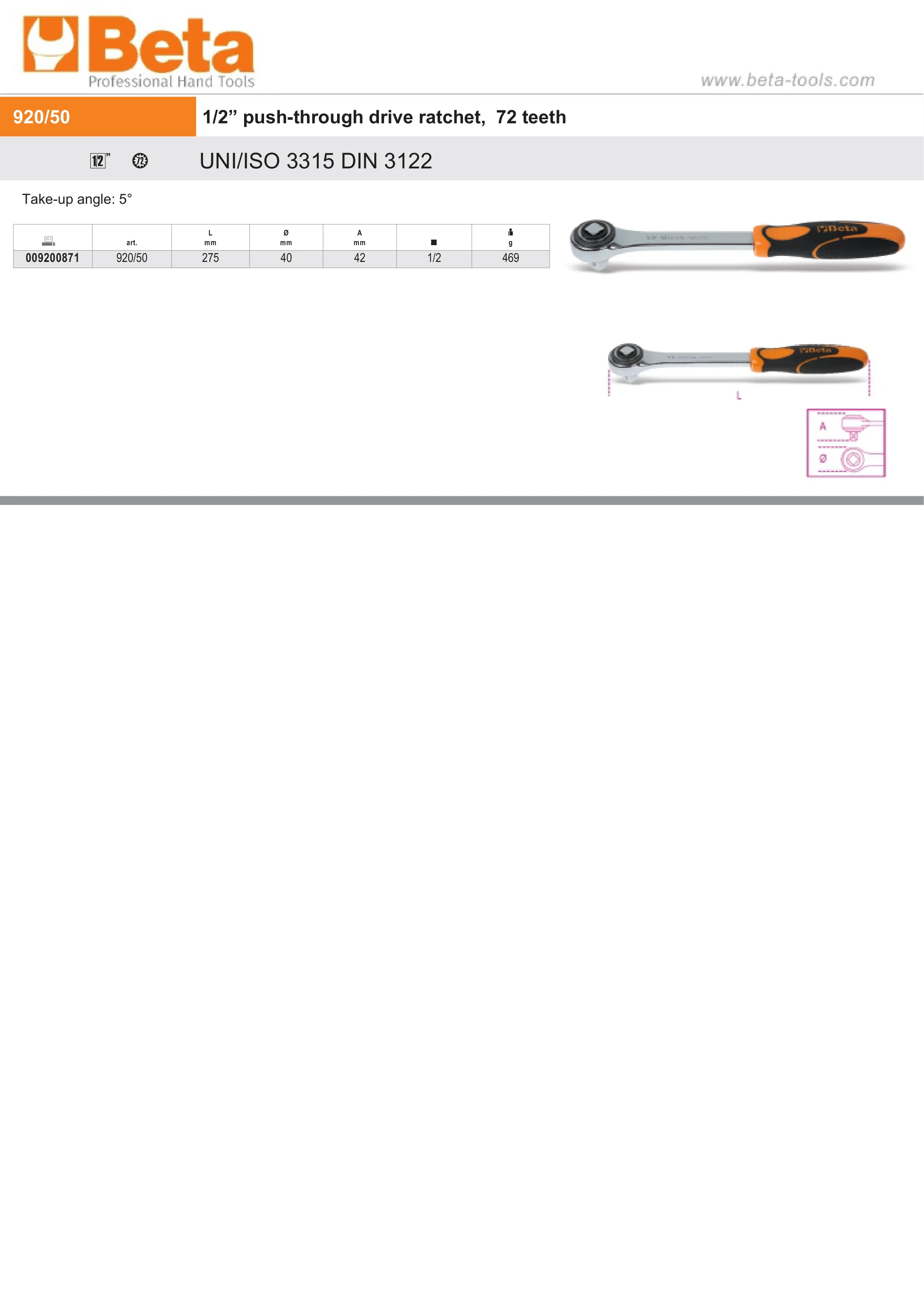 1/2 Push-Through Drive Ratchet 72 Teeth 275mm - Beta Tools 920/50