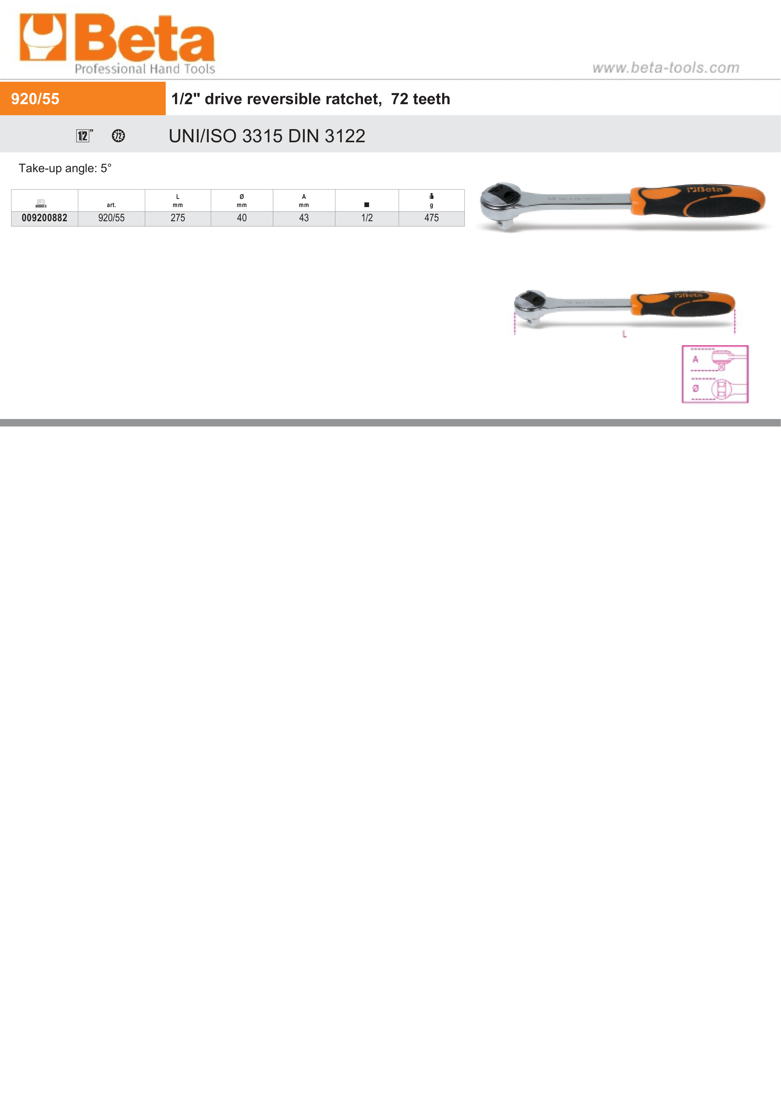 1/2 Drive Reversible Ratchet 72 Teeth 275mm - Beta Tools 920/55