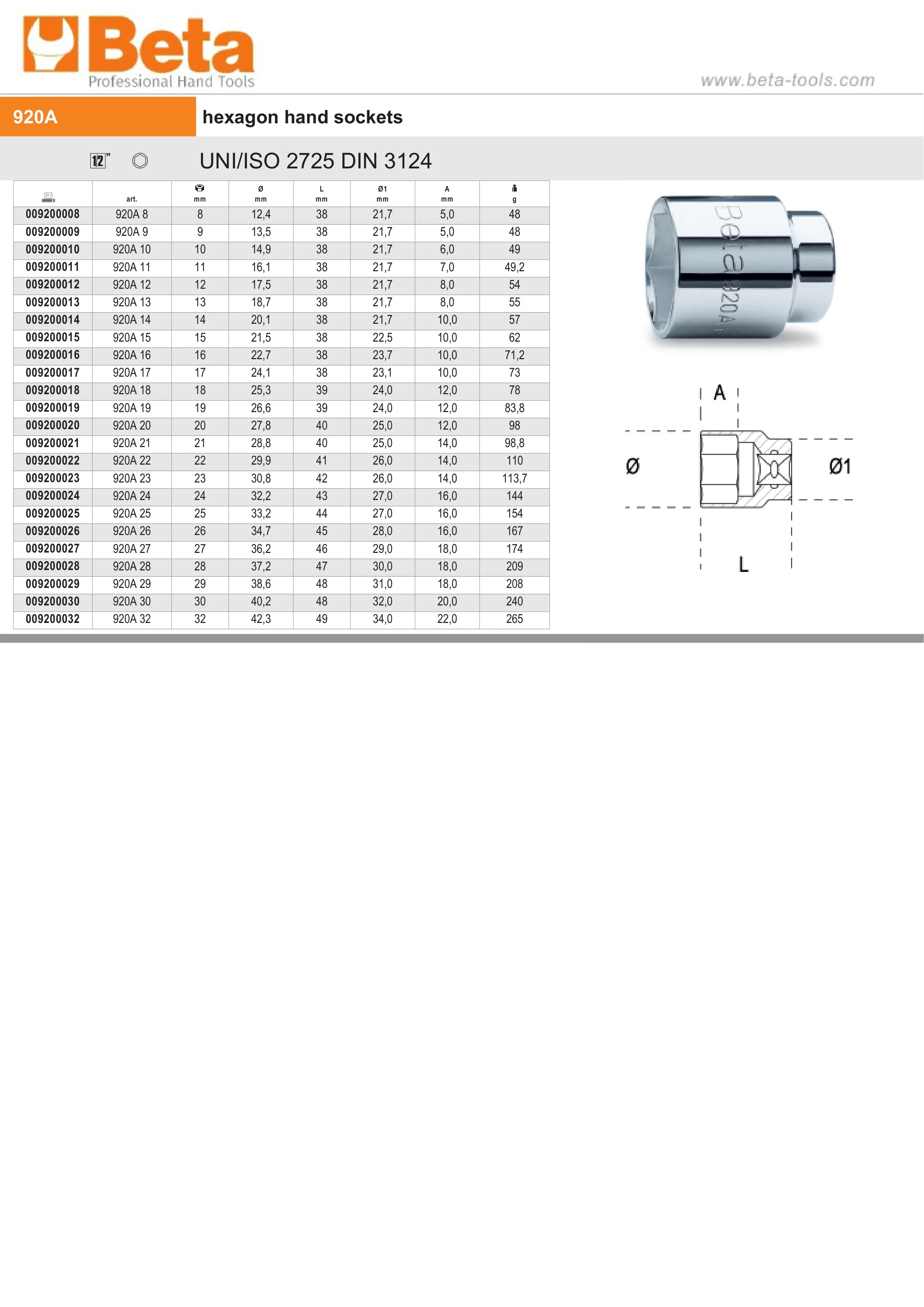 Hexagon Hand Socket 1/2 13mm - Beta Tools 920A 13