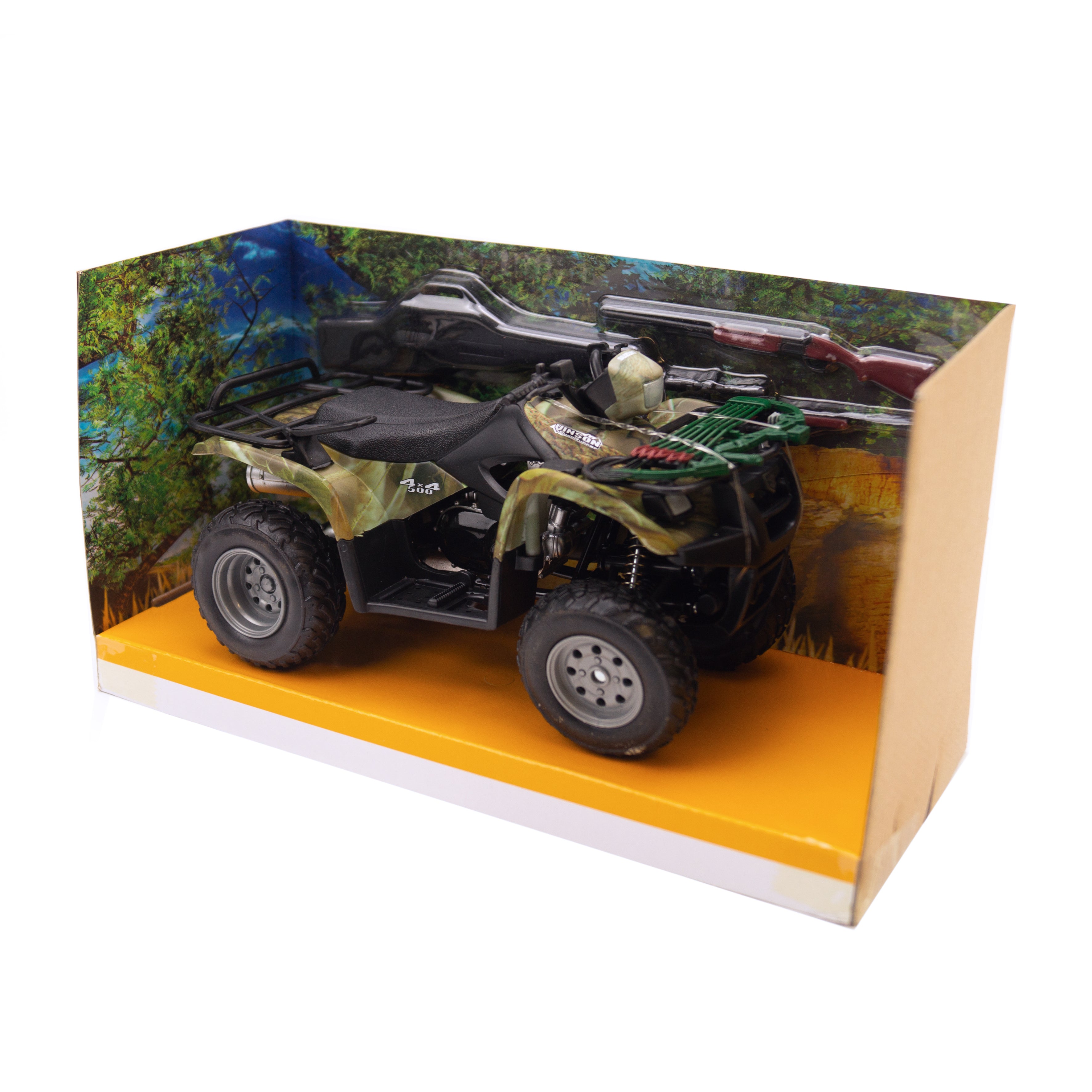 MODEL SUZUKI VINSON AUTO 500 4X4, CAMO ATV WITH RIFLES, SCALE 1:12, NEWRAY 42903A 42903, ATV
