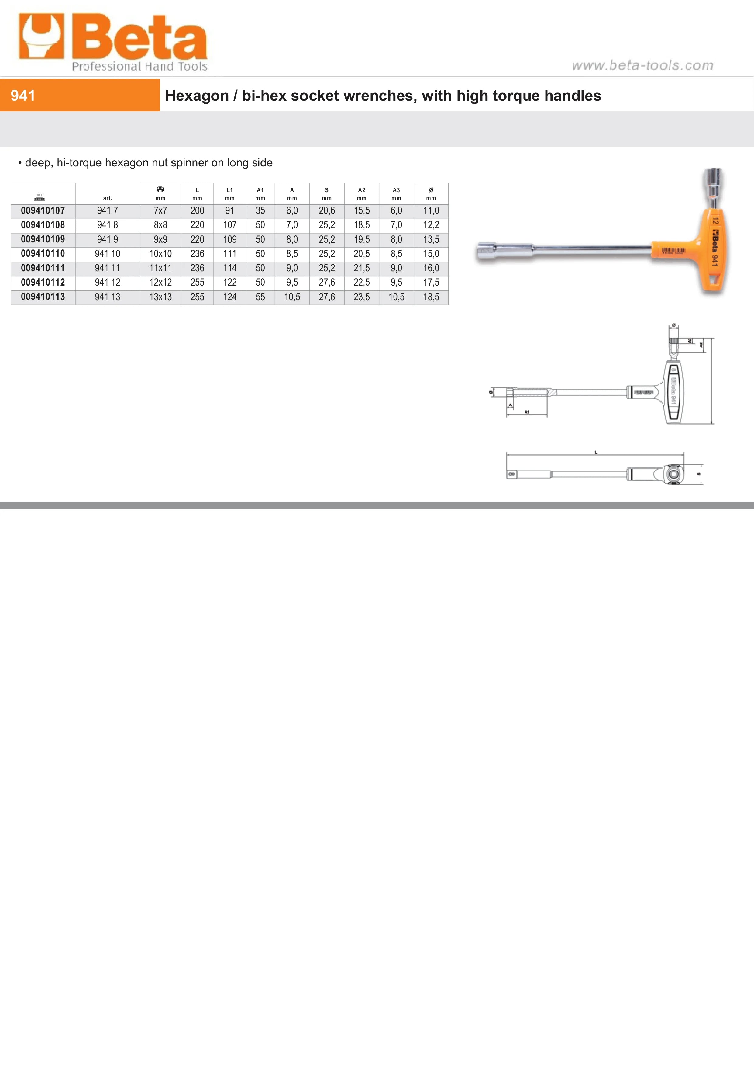 Hexagon/Bi-Hex Socket Wrench with High Torque Handle 13mm - Beta Tools 941 13