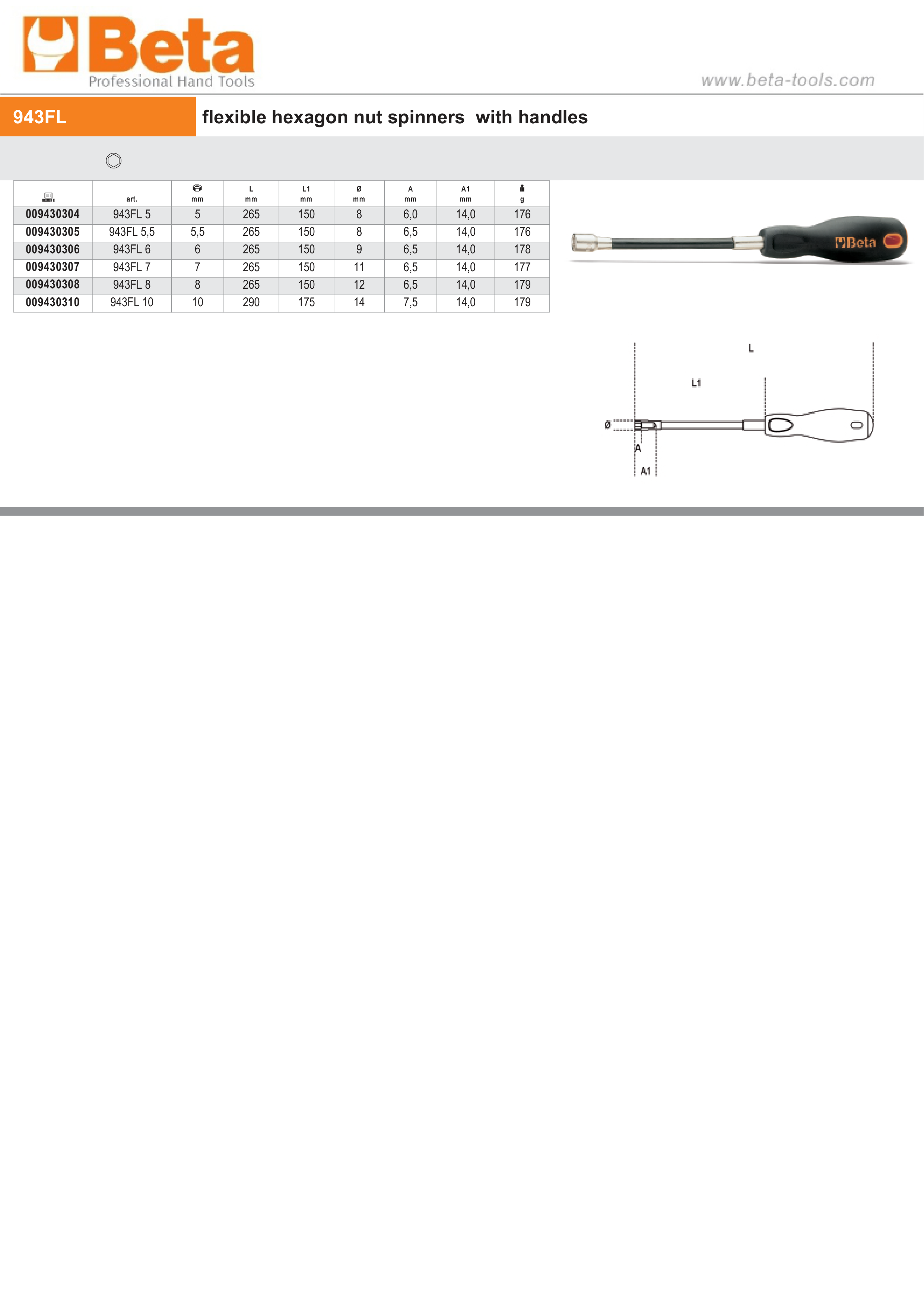 Flexible Hexagon Nut Spinner with Handle 5.5mm - Beta Tools 943FL 5,5