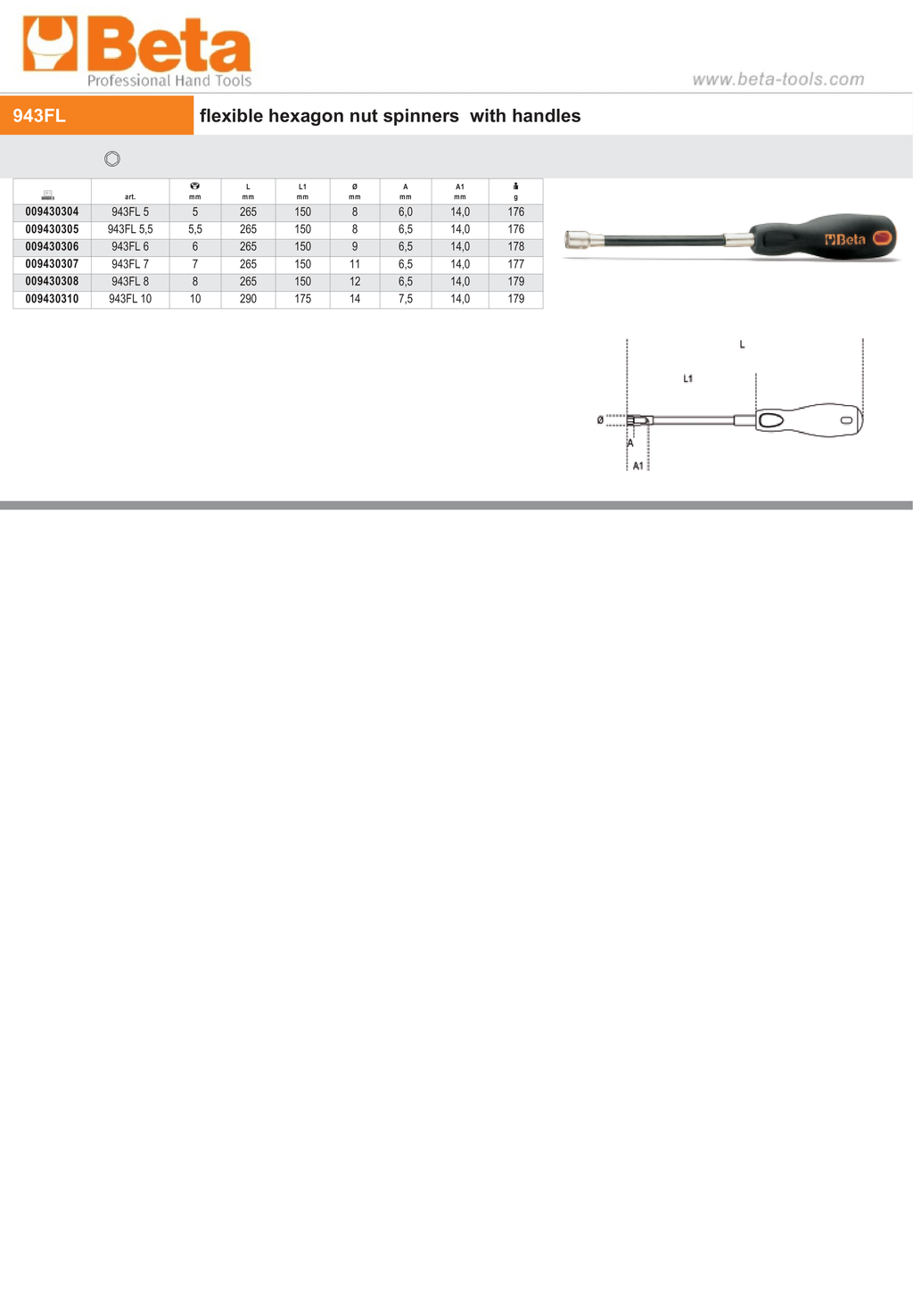 Flexible Hexagon Nut Spinner with Handle 5.5mm - Beta Tools 943FL 5,5