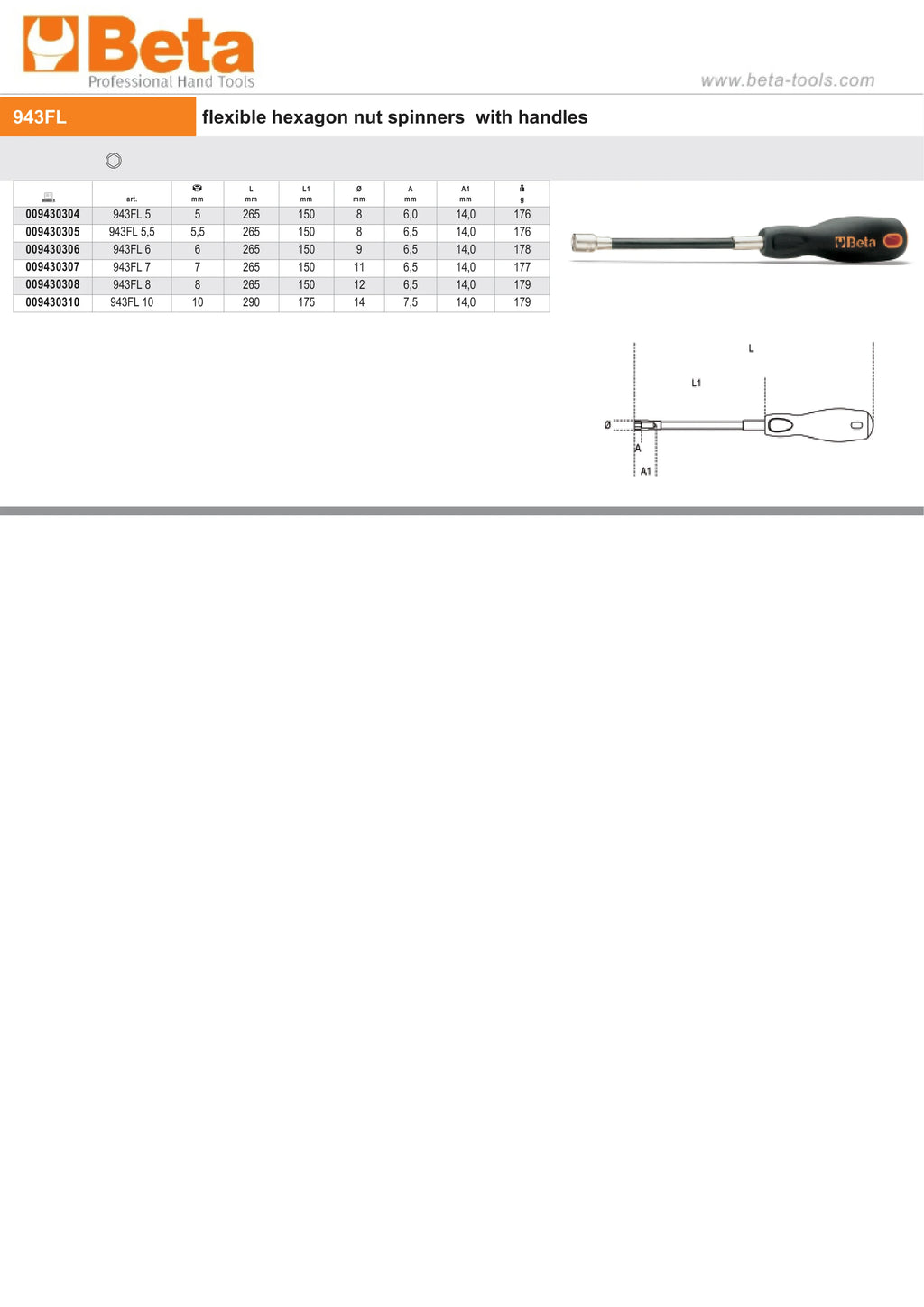 Flexible Hexagon Nut Spinner with Handle 10mm - Beta Tools 943FL 10