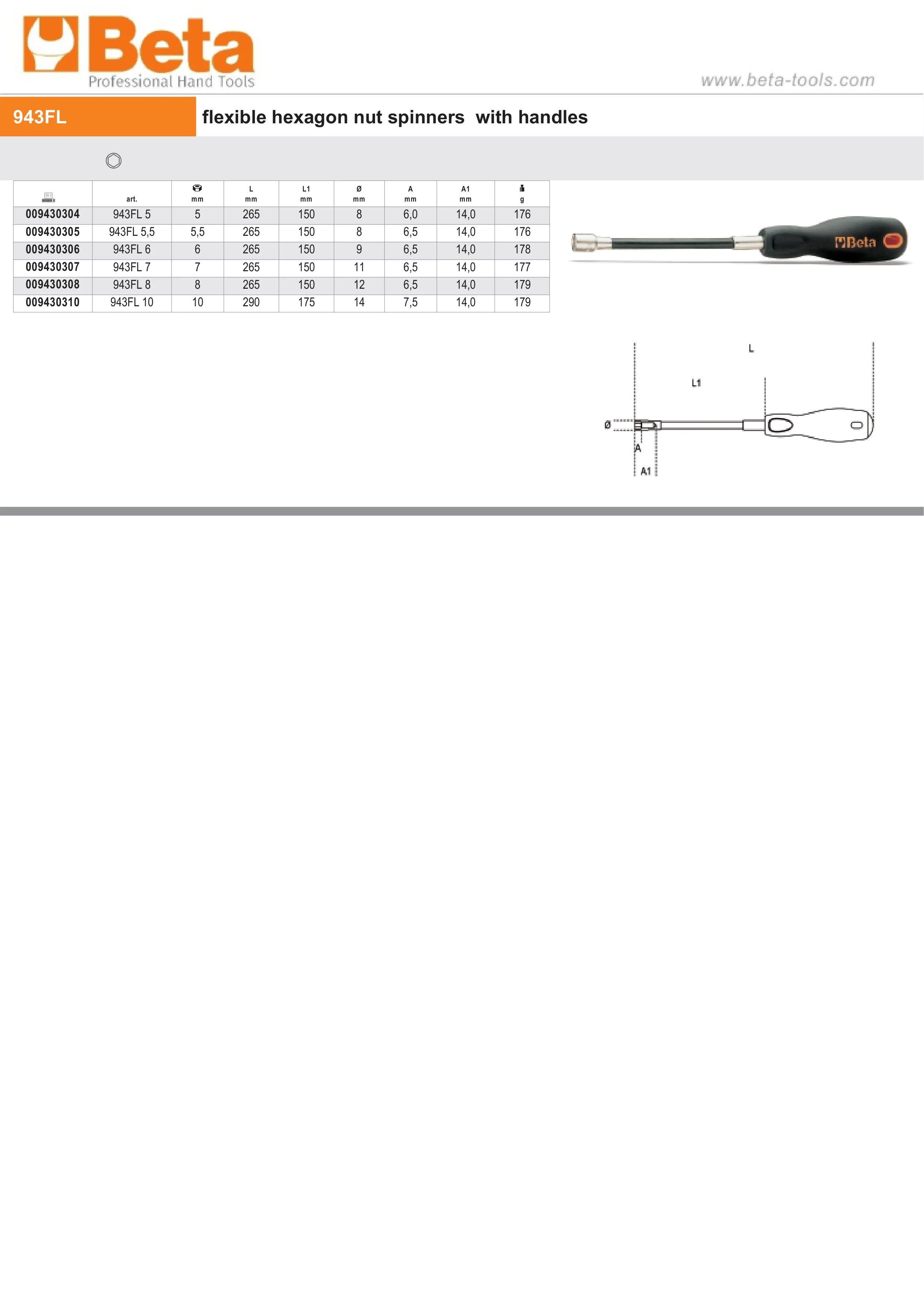 Flexible Hexagon Nut Spinner with Handle 10mm - Beta Tools 943FL 10