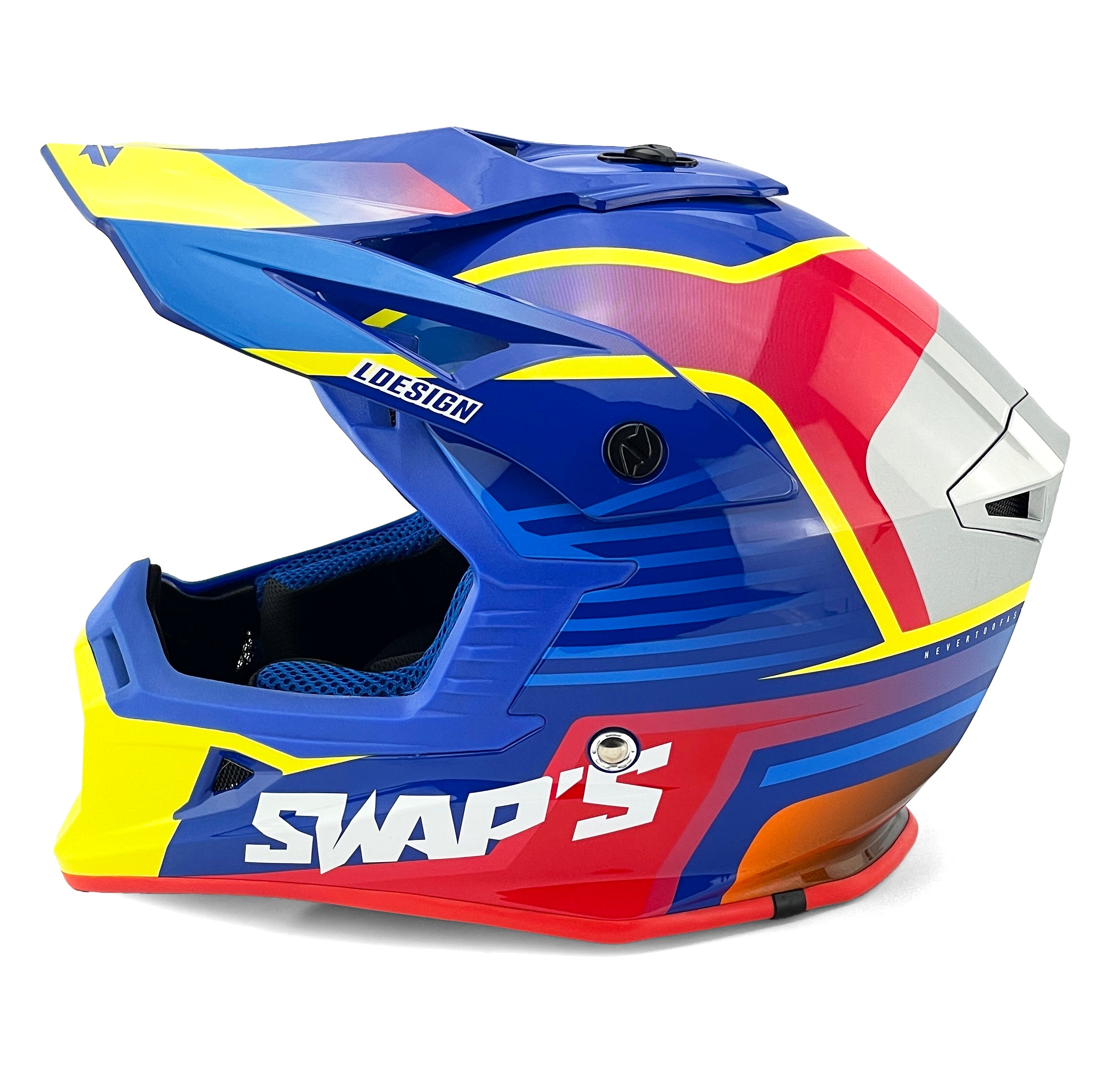 MOTOCROSS HELMET SWAPS S818 - SHINY BLUE RED YELLOW - SIZE XS 53cm - 54cm