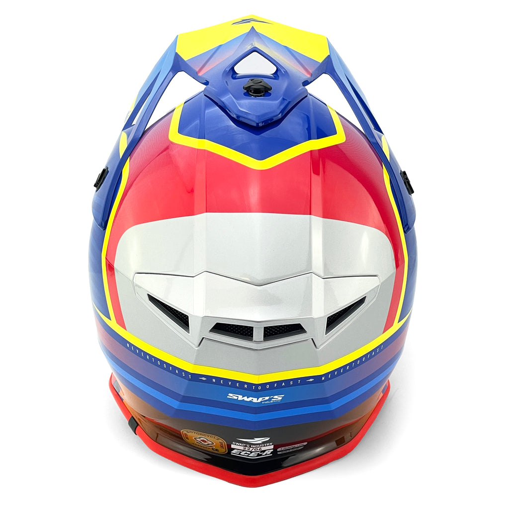 MOTOCROSS HELMET SWAPS S818 - SHINY BLUE RED YELLOW - SIZE XS 53cm - 54cm