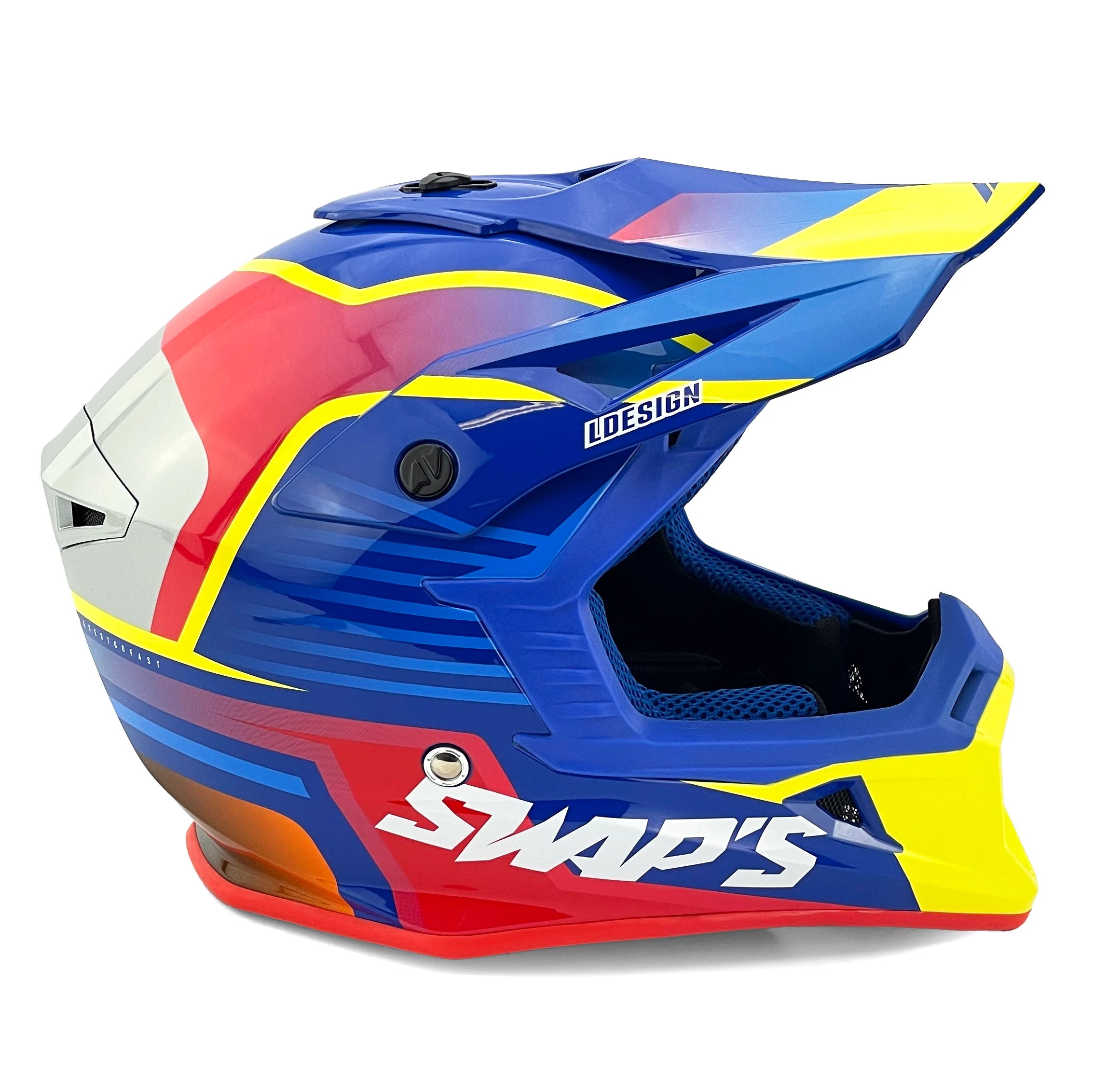 MOTOCROSS HELMET SWAPS S818 - SHINY BLUE RED YELLOW - SIZE S 55cm - 56cm