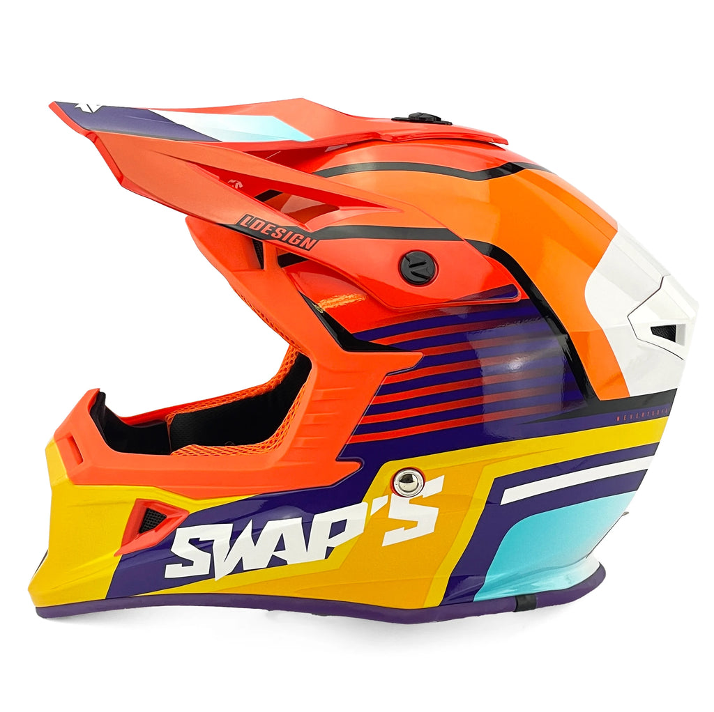 MOTOCROSS HELMET SWAPS S818 - SHINY ORANGE BLUE WHITE - SIZE XS 53cm - 54cm
