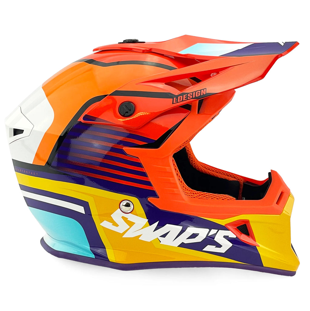 MOTOCROSS HELMET SWAPS S818 - SHINY ORANGE BLUE WHITE - SIZE XS 53cm - 54cm