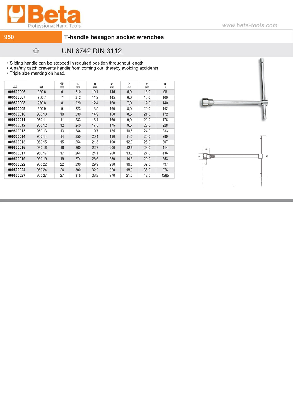 T-Handle Hexagon Socket Wrench 11mm - Beta Tools 950 11