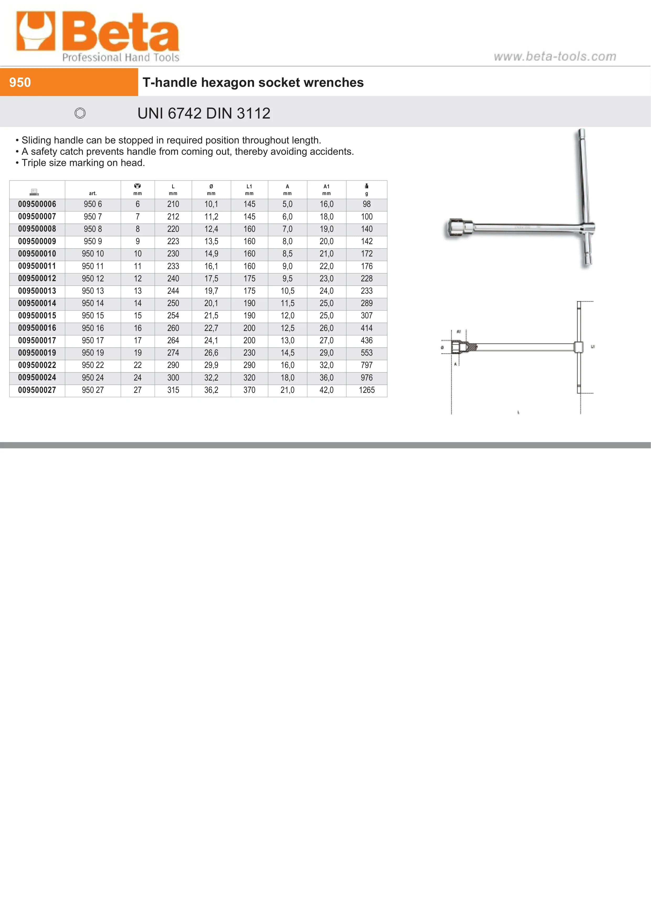 T-Handle Hexagon Socket Wrench 15mm - Beta Tools 950 15
