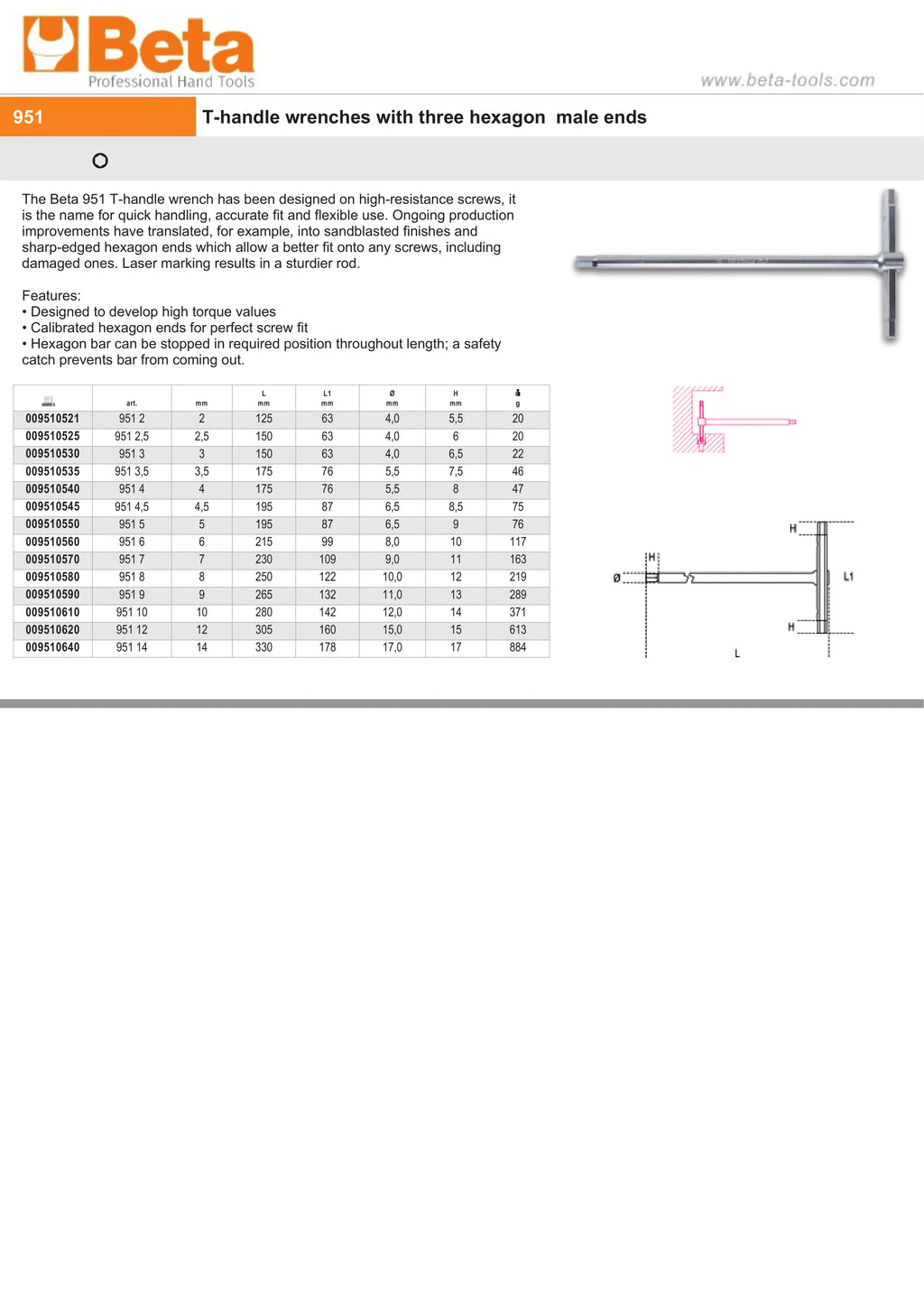 T-Handle Wrench with Three Hexagon Male Ends 12mm - Beta Tools 951 12