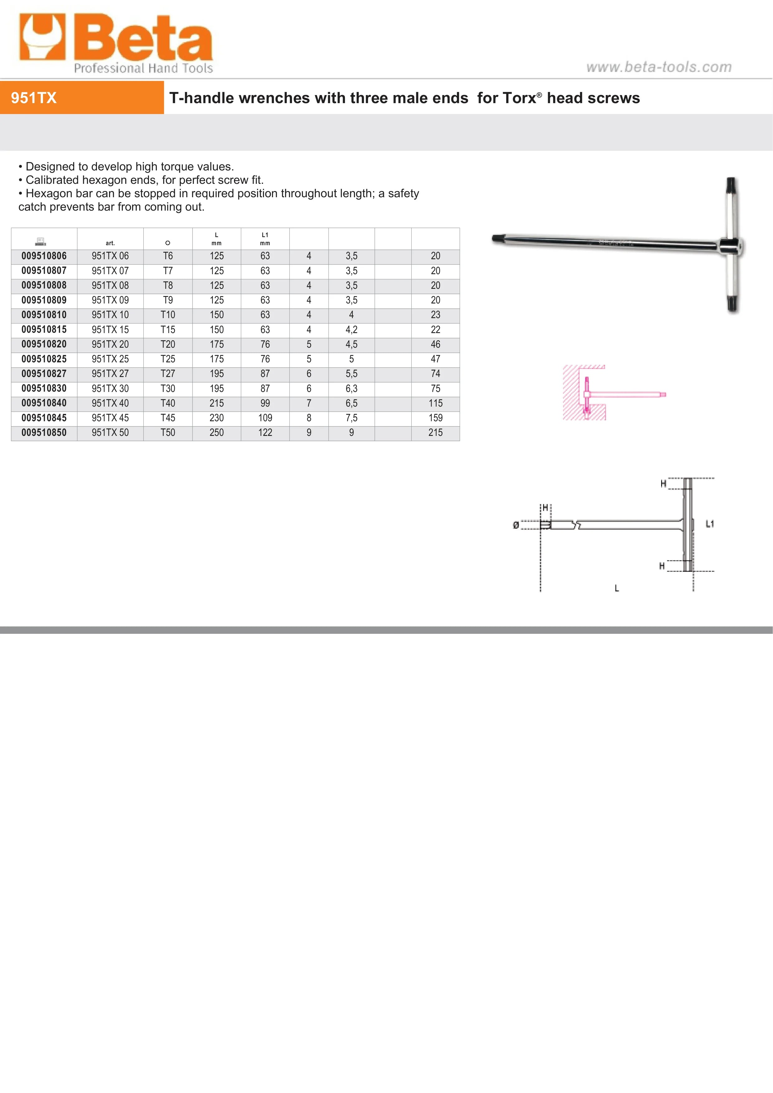 T-Handle Wrench with Three Male Ends for Torx Head Screws T27 - Beta Tools 951TX 27
