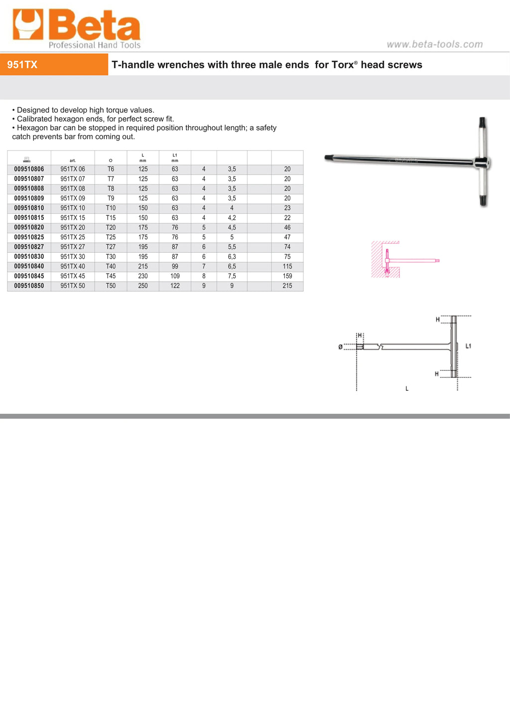 T-Handle Wrench with Three Male Ends for Torx Head Screws T20 - Beta Tools 951TX 20